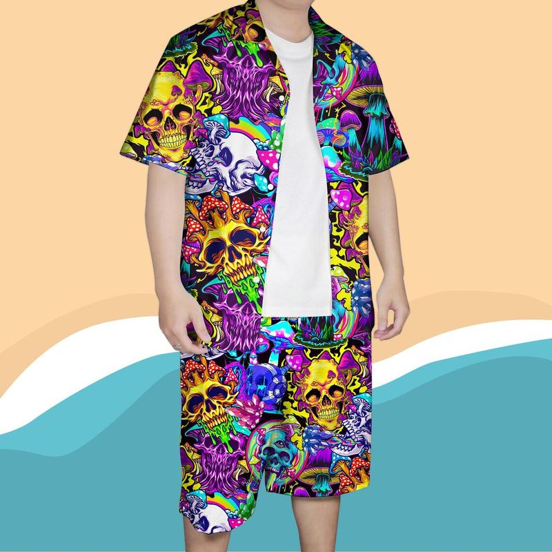 Women's Comfortable Short-Sleeve Polyester Casual Aloha Blouse - Loose-Fit Full-Print Skull Psychedelic Neon Mushroom Single Shirt, Hand-Washable Outdoor Garment Festival Beachwear