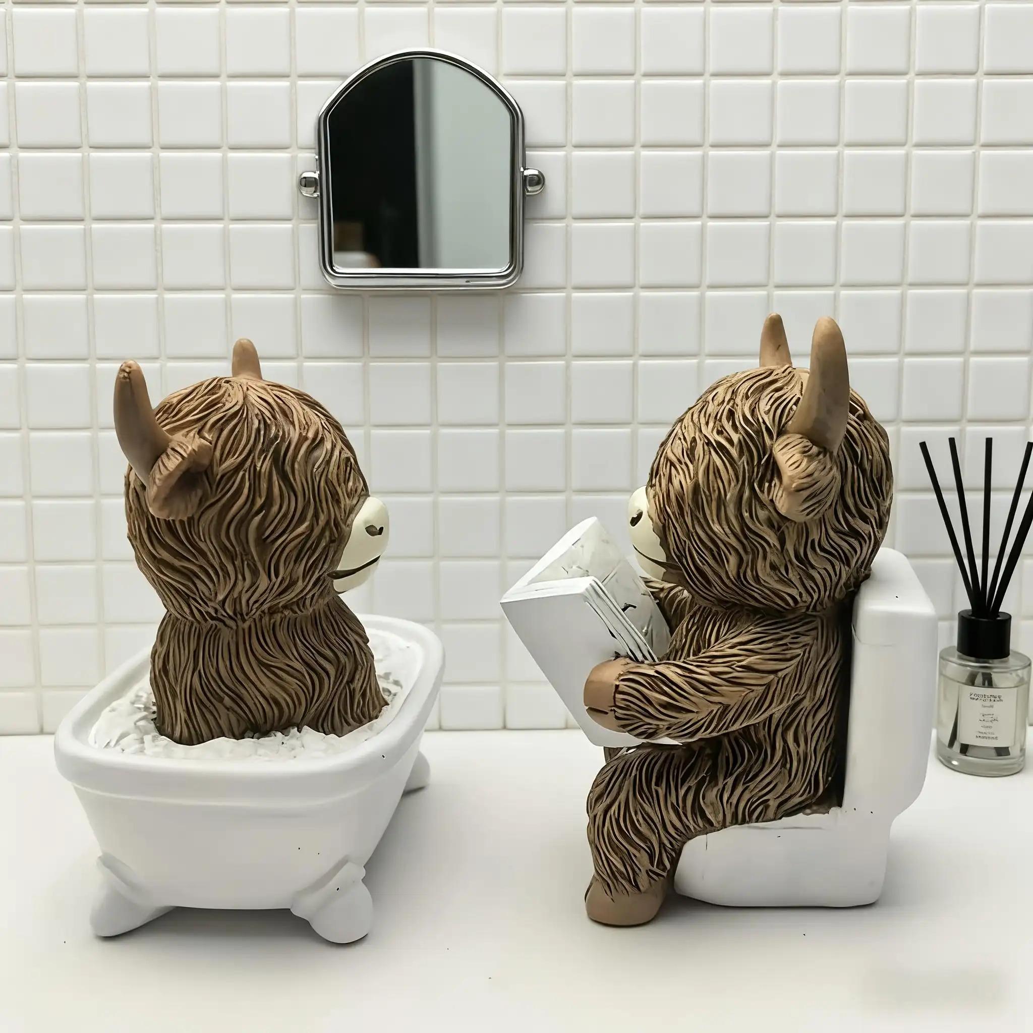 Funny Highland Cow Bathroom Statue, Farmhouse Decor with Book, Funny ...