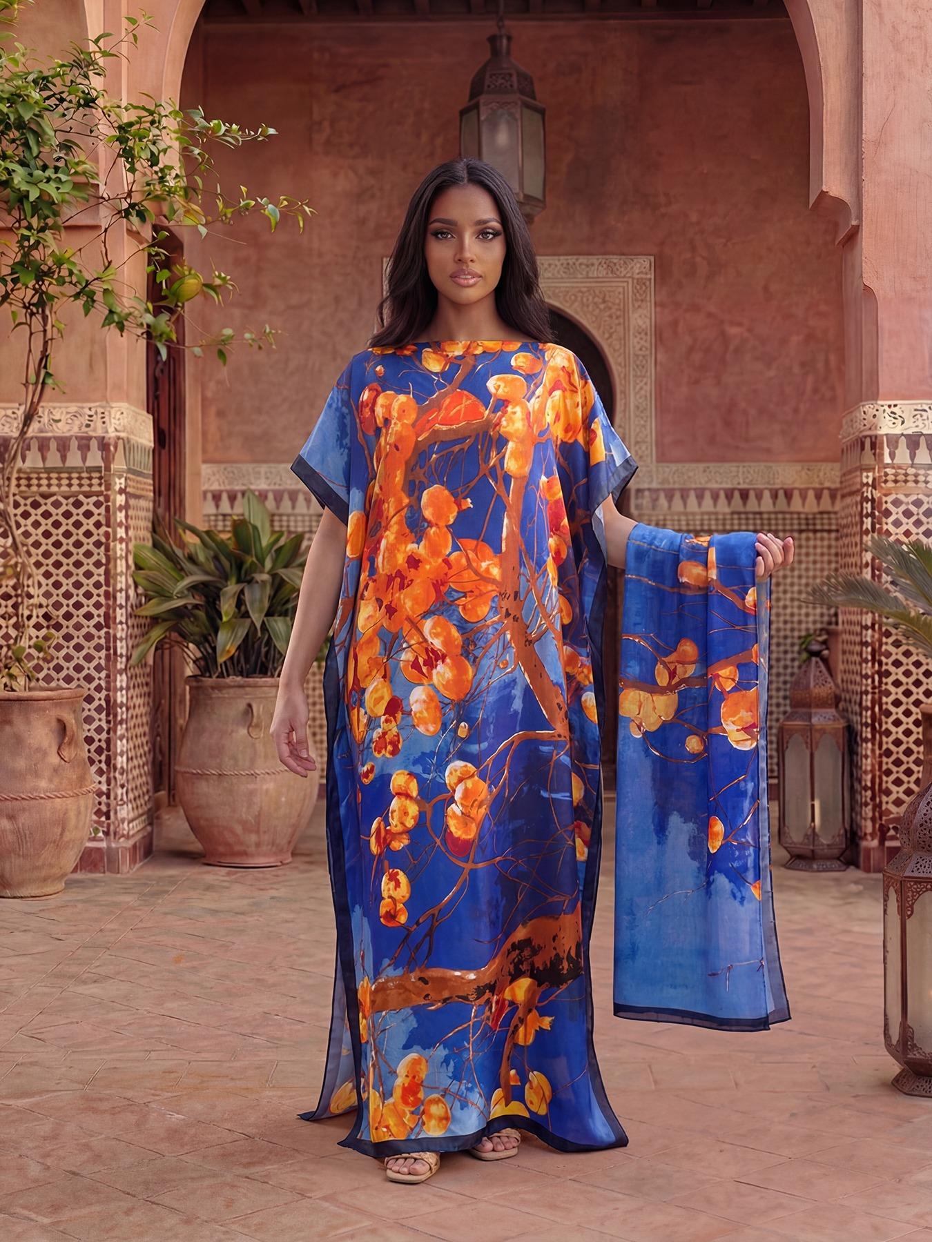 Women's Floral Print Robe Set, Casual Fashion Long Dress + Headscarf Scarf Hairband, Beach Sun Protection Satin Silk Shawl