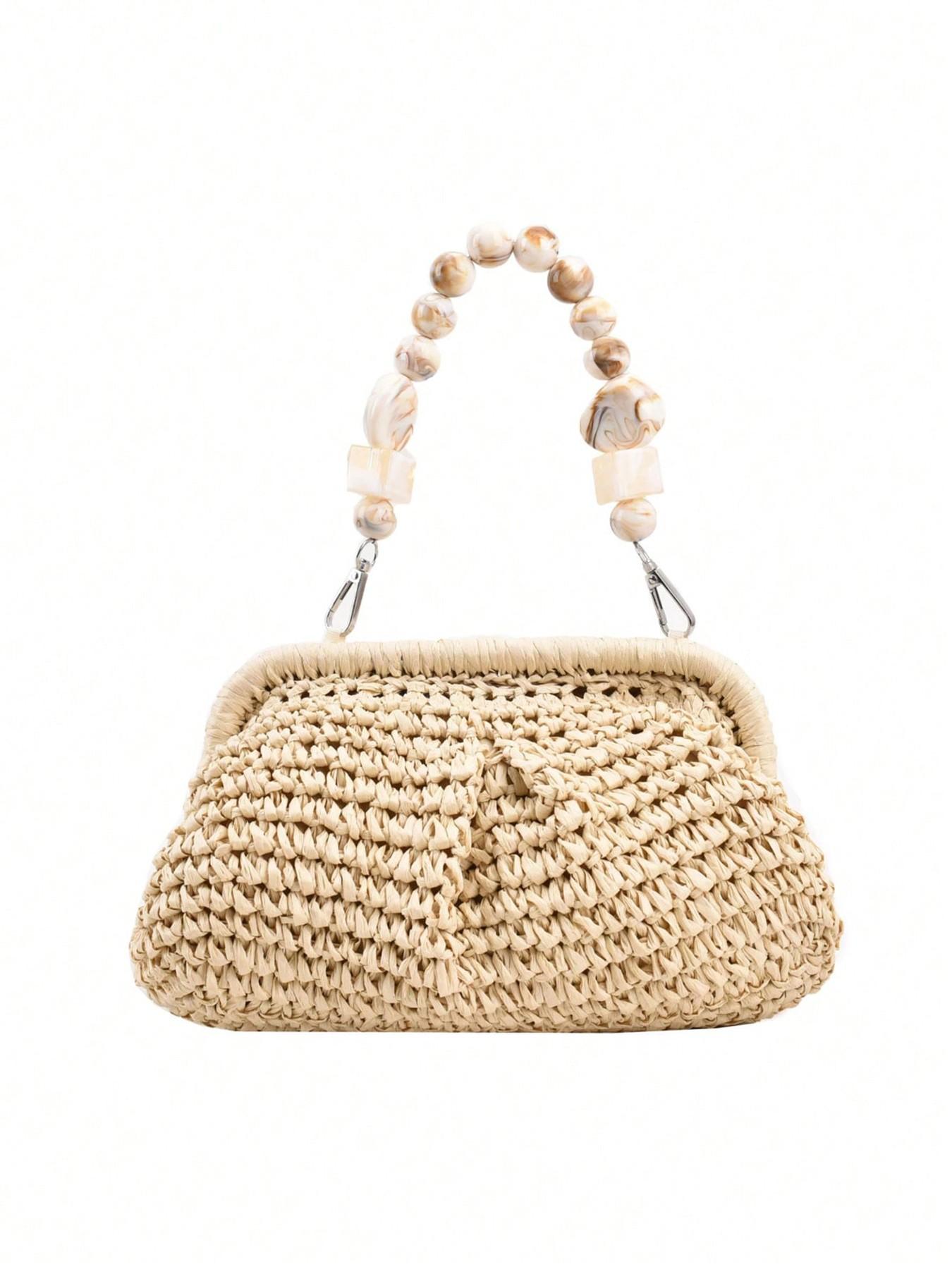 Seaside style simple and casual versatile straw woven handbag, bead hanging decoration, cloud pleated bag type, large storage capacity, vacation and leisure style, suitable for daily travel and dates.