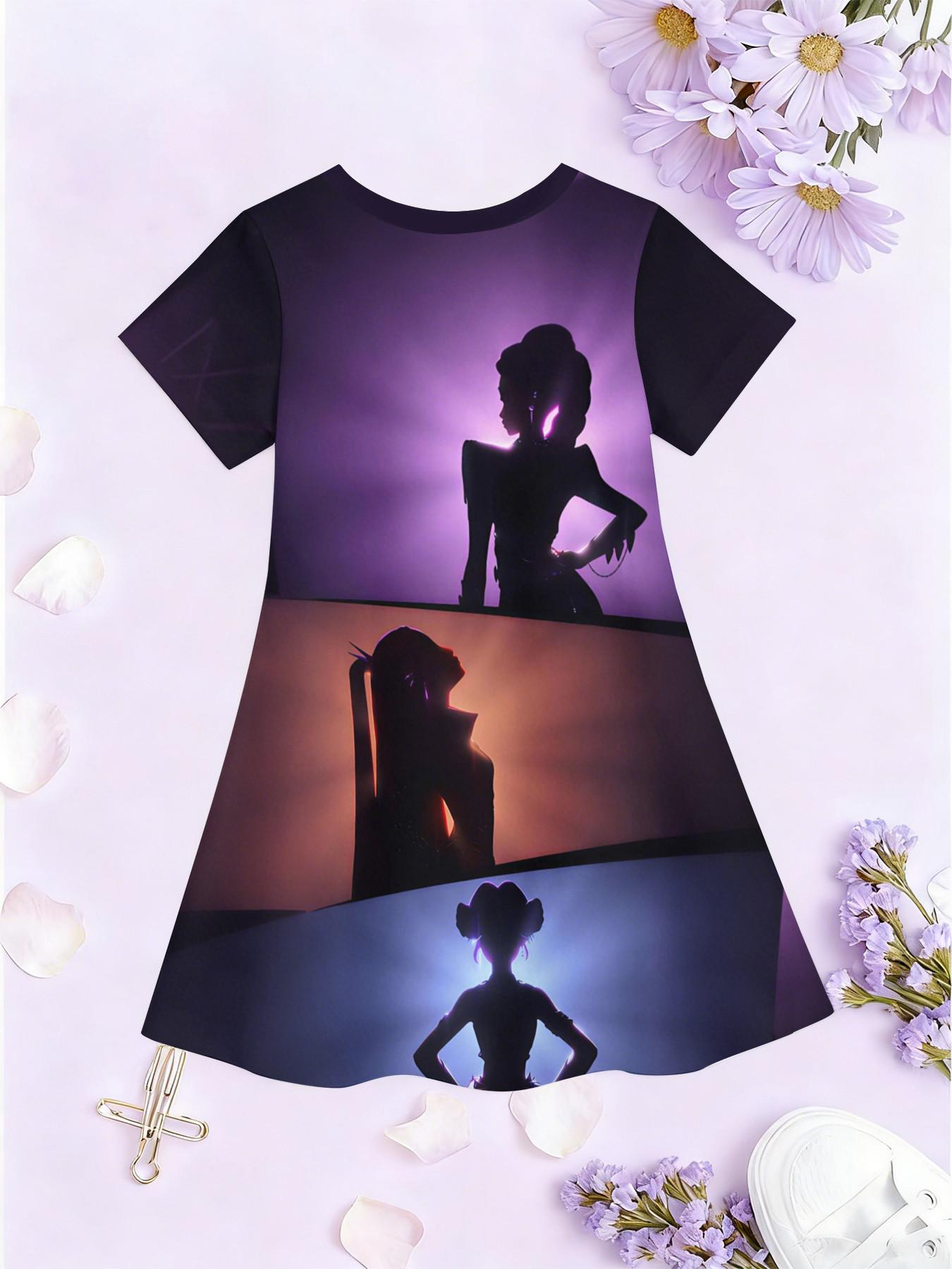 Girls' 3D Short Sleeve Dress, Gradient Kda Idol Full Print, Summer Party Wear, Perfect for Holidays, Birthday Gifts