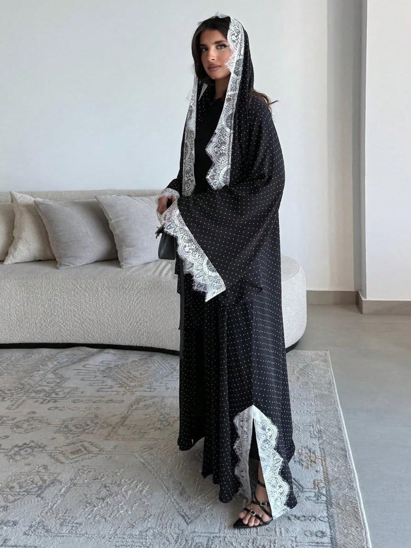 Hafizah Polka Dot Lace Trim Long Cardigan Scarf Set, Loose-Fitting Casual Outerwear for Women, All-Season Plain Design