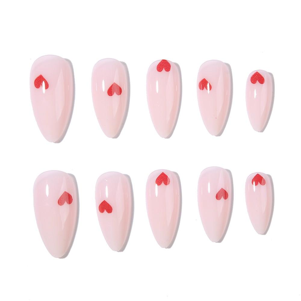 24pcs Clear Nude Gradient Base Color Nail Polish, Hand Drawn Heart Design, Almond Shape Medium Length Glossy Finish