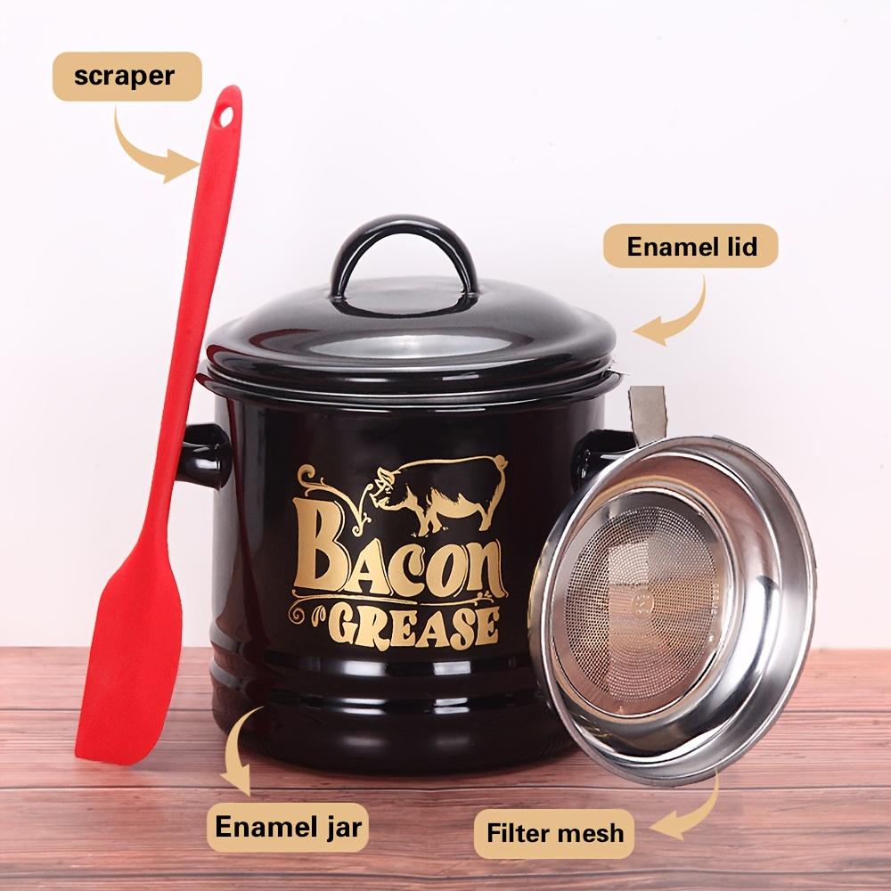 Enamel Bacon Grease Keeper with Fine Strainer & Lid, Strainers for Kitchen, Residue Filter Oil Dispenser, Reusable Round Food Storage Jar for Lard Meat, Farmhouse Red Kitchen Decor, Gift for Family Friends Christmas