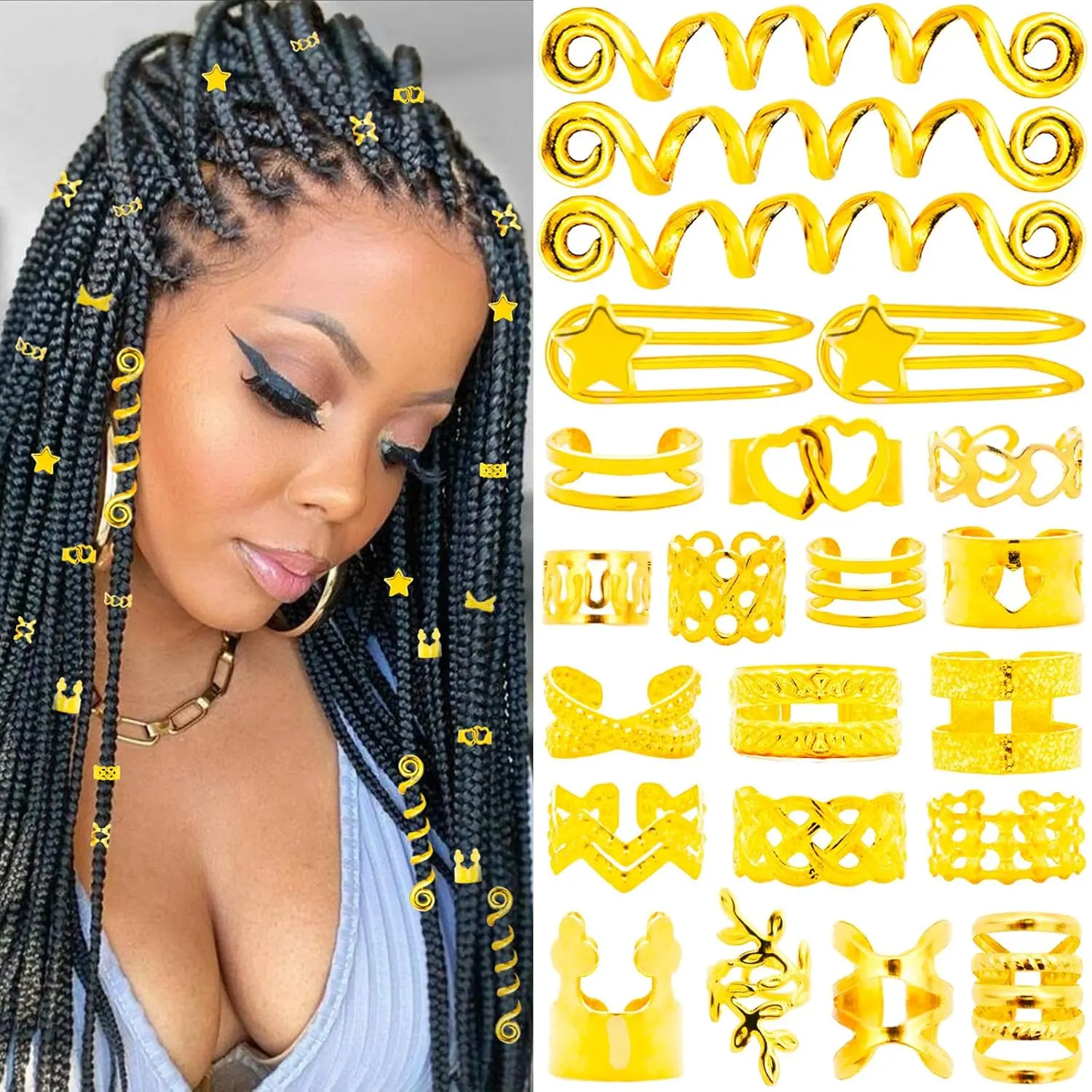 103 count  Hair  for Braids, Cuffs & Rings, Loc Accessories for Black Women, Metal Decorations, Charms for Dreadlocks and Braiding