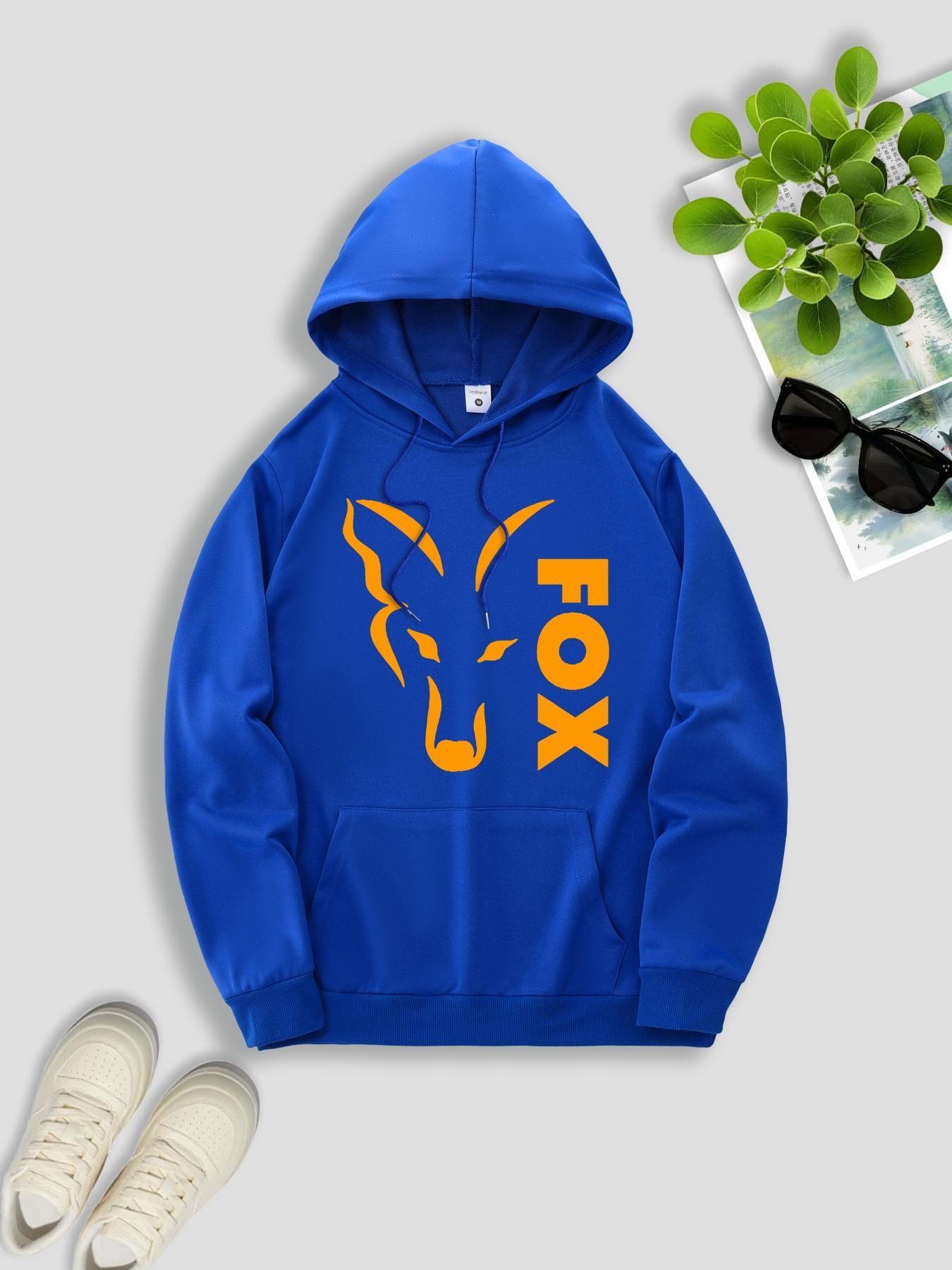 Men's Fall Winter American Streetwear Fox Print Hooded Fleece Sweatshirt, Versatile Sportswear Casual Loose Fit Hoodie