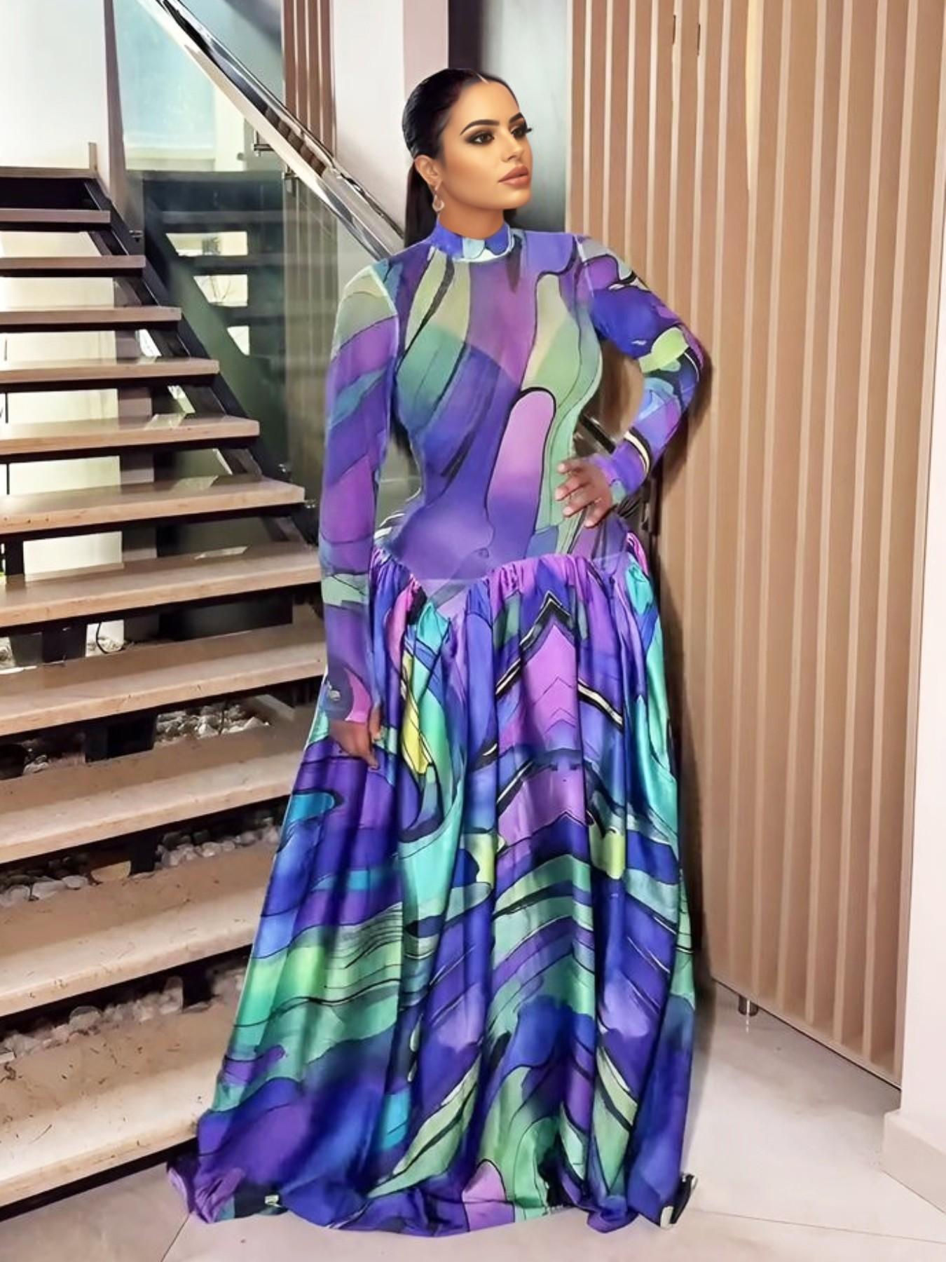 Women's Colorful Abstract Print High Neck Maxi Dress Boutique Flowy Ball Gown for Evening Party Wedding, Evening, Holiday