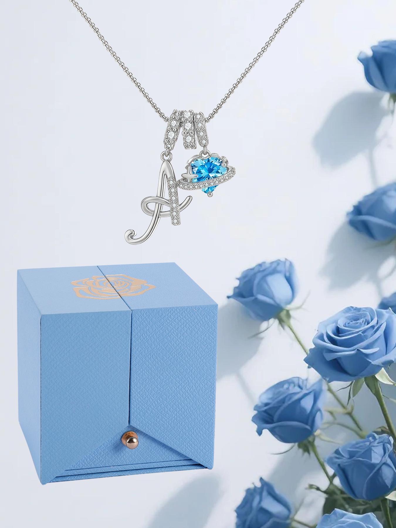 Women's Cz Birthstone Charm Necklace with Rose Jewelry Box, A-Z Letter Pendant, Elegant Gift for Wife Girlfriend Mom Daughter Birthday Christmas