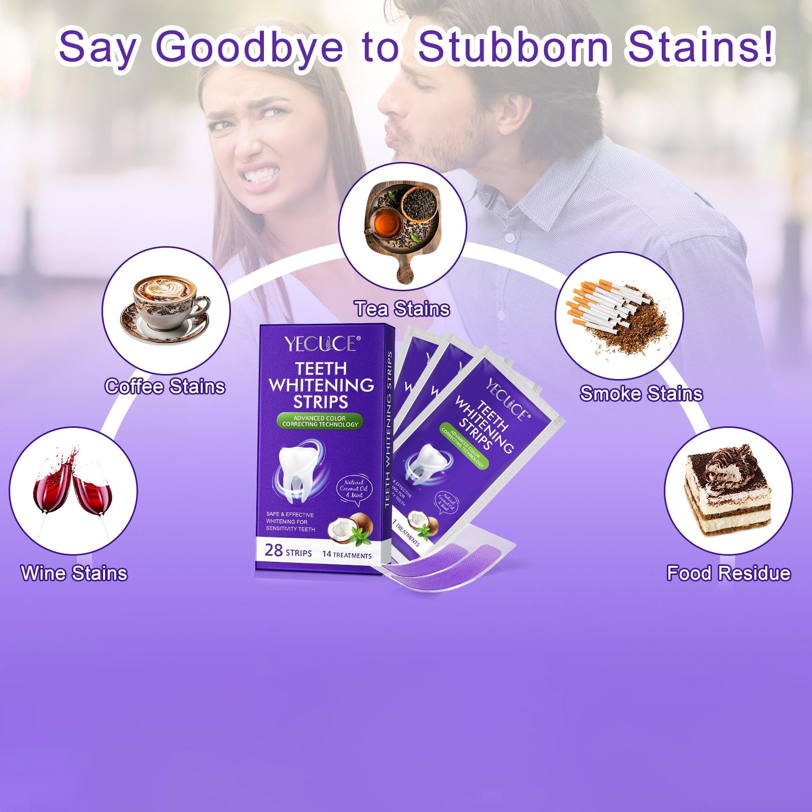 YECUCE Purple Teeth Whitening Strips contain natural coconut oil and peppermint. Advanced color correction improves yellowing teeth, breaks down stains, and eliminates tooth sensitivity. 14 strips/box Teeth Brightening Strips