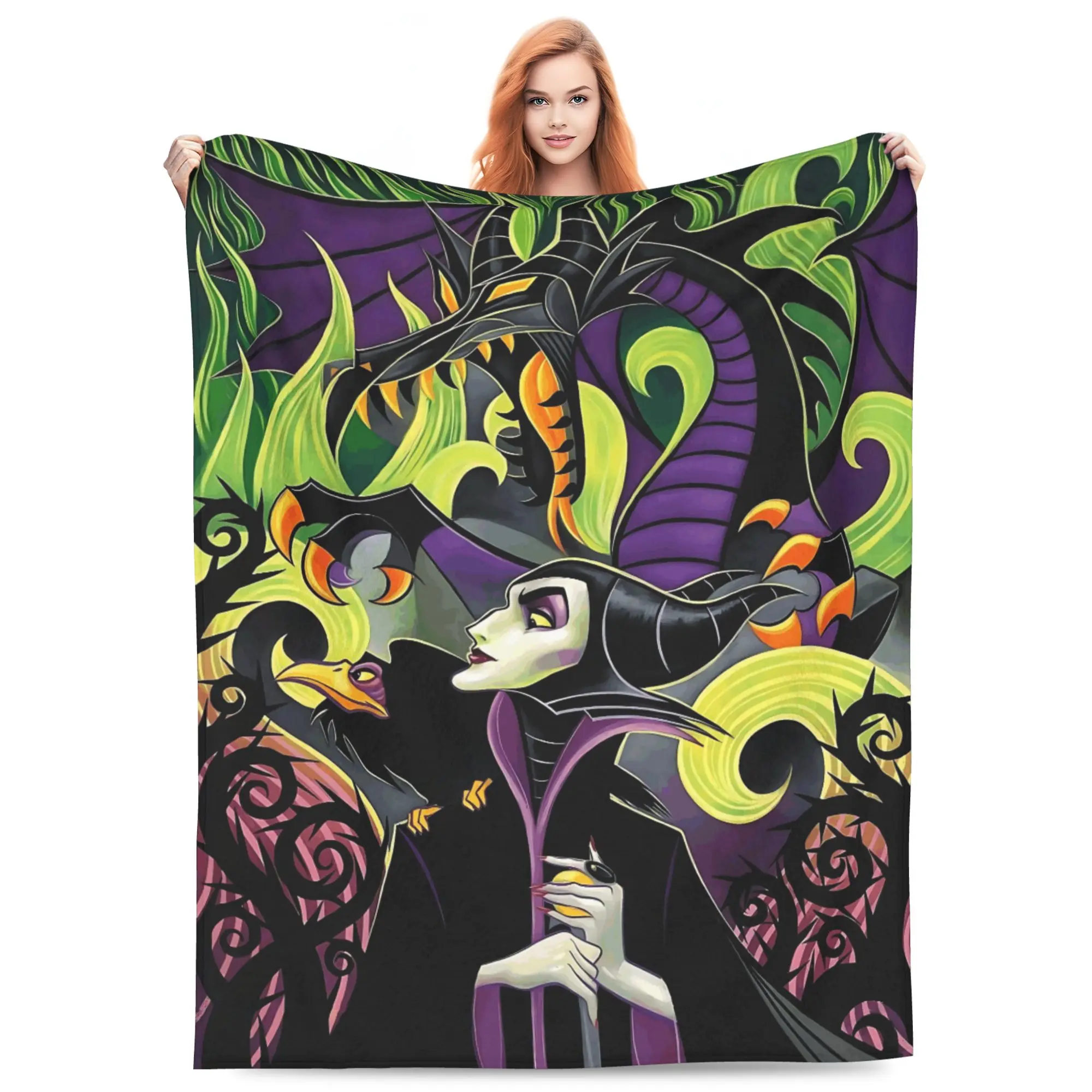 Disney Classic Maleficent Dragon Flannel Throw Blanket, Sleeping Beauty Villain Maleficent with Raven, Giant Evil Dragon, Swirling Green Flames Thorny Vines Dark Purple Fantasy Art Print Soft Cozy Blanket for Sofa Bed Movie Fans Gift