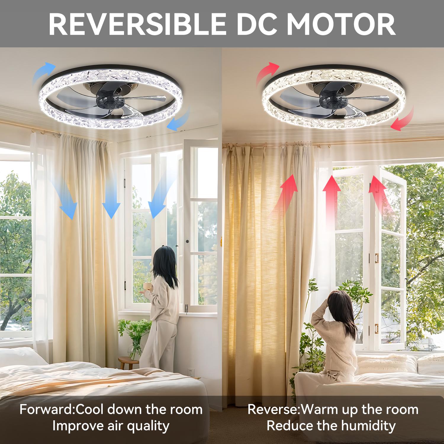GLITGATE Cristais Multifunctional Ceiling Fan with Light, Remote Control/APP, 6 Wind Speeds, Timer, Reversible DC Motor, Adjustable Brightness & 3 Color Temperatures, Low Noise for Living Room, Bedroom, Study