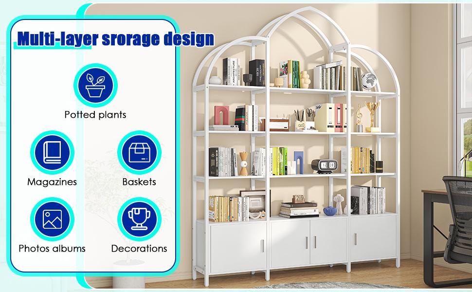 Arched Bookshelves and Bookcases: Triple Wide 5-Tier Large Open Bookshelf, Etagere Bookcase with Display Shelf for Home Office Arched Bookshelves and Bookcases: Triple Wide 5-Tier Large Open Bookshelf, Etagere Bookcase with Display Shelf for Home Office
