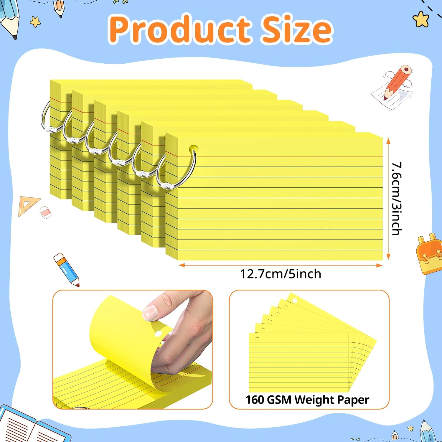 300 count Index Cards 3x5 Inches, Yellow Flash Cards with Ring | Punched Lined Study Card Ruled Flashcards Notecards, Ruled Front and Blank , Note Card for School, College and