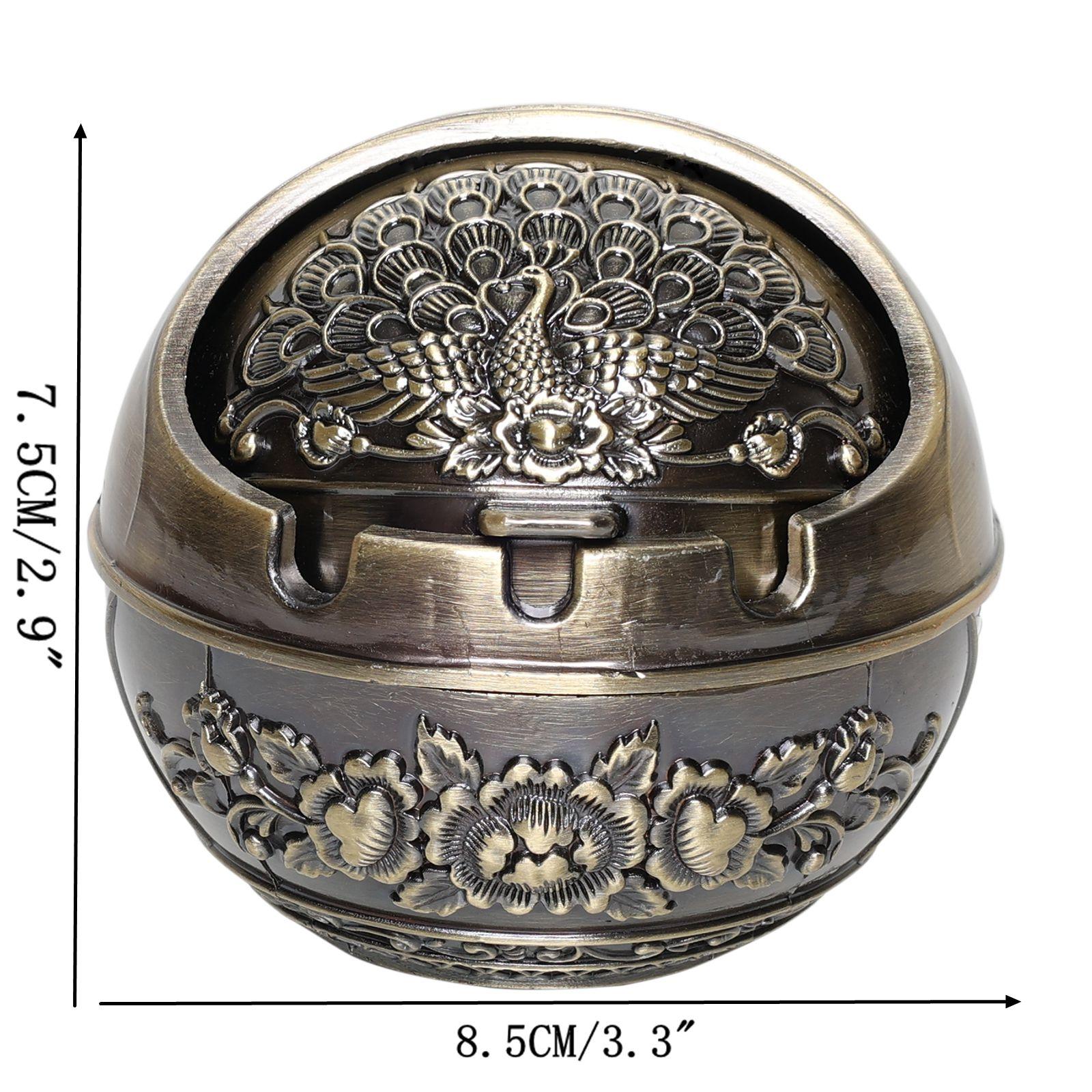 Vintage Metal Peacock Pattern Ashtray Portable Travel Pocket Size Reusable Smokeless Decorative Ash Holder Durable Waterproof Stylish Retro Art Ornament Multifunctional Essentials for Home Office Bar Outdoor Patio Camping Travel Indoor Desktop Table Decor