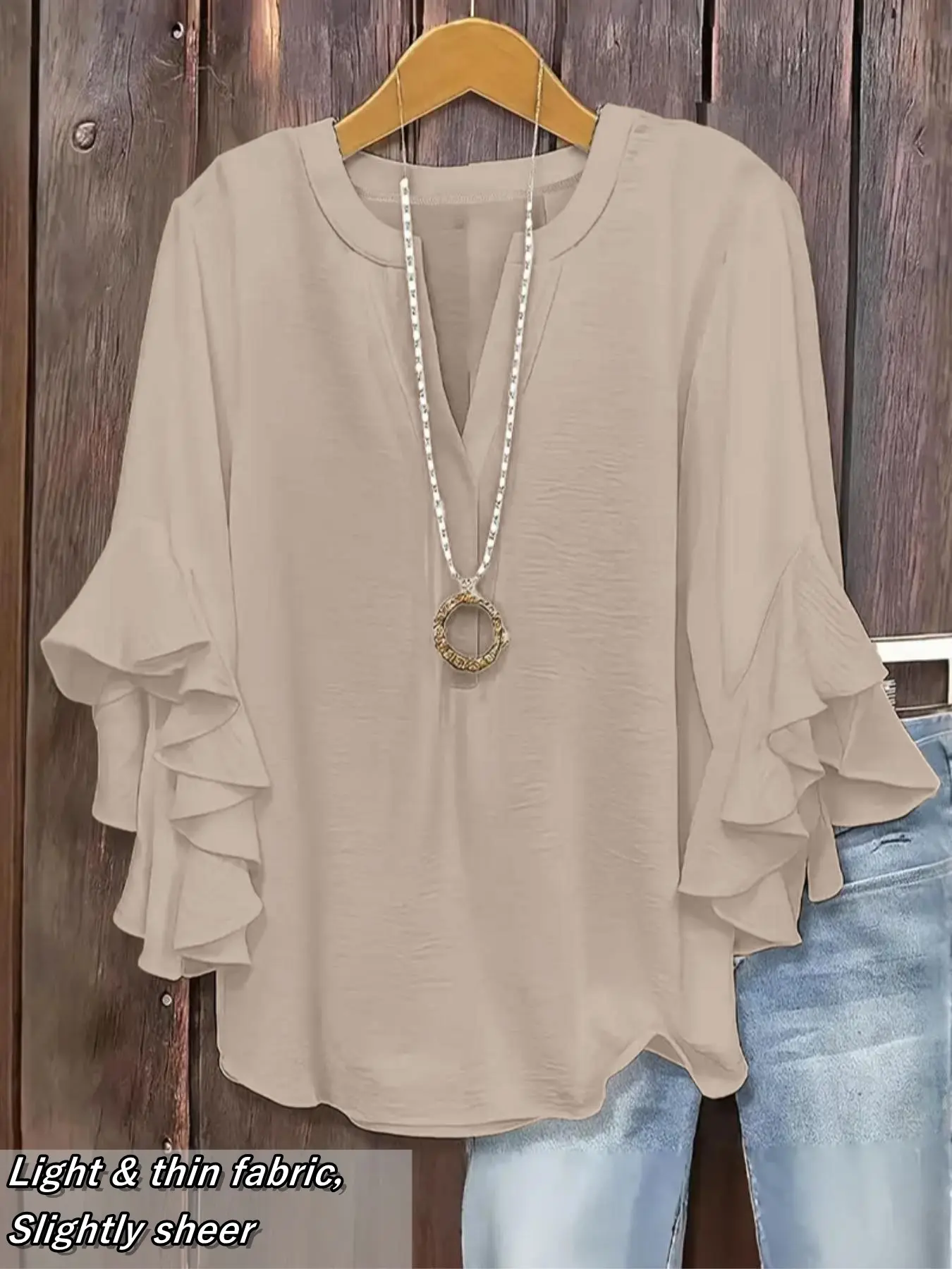 Plus Size Women's Ruffled Sleeve V-Neck Shirt Blouse Tops, Bohemian Ruffle Sleeves, Elegant Floral Design, Comfortable and Stylish, Perfect for Everyday Casual Wear