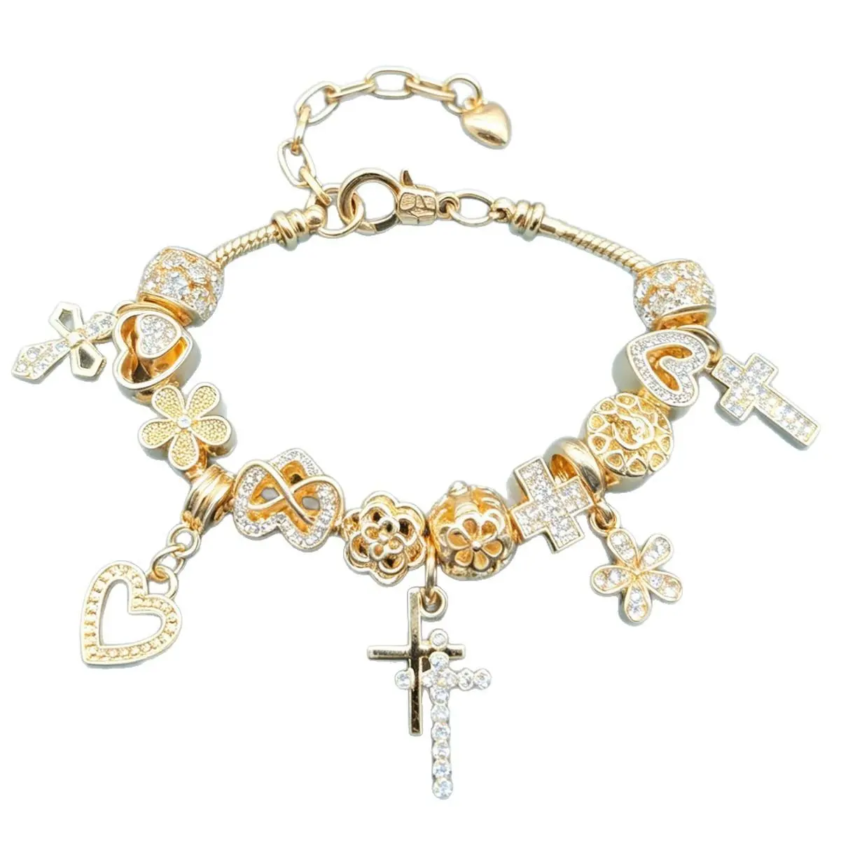 Women's Gold Plated Charm Bracelet - Sparkling Rhinestone Cross, Heart & Flower Pendants On Snake Chain, Adjustable Christian Faith Jewelry For Daily Wear, Baptism & Meaningful Gift