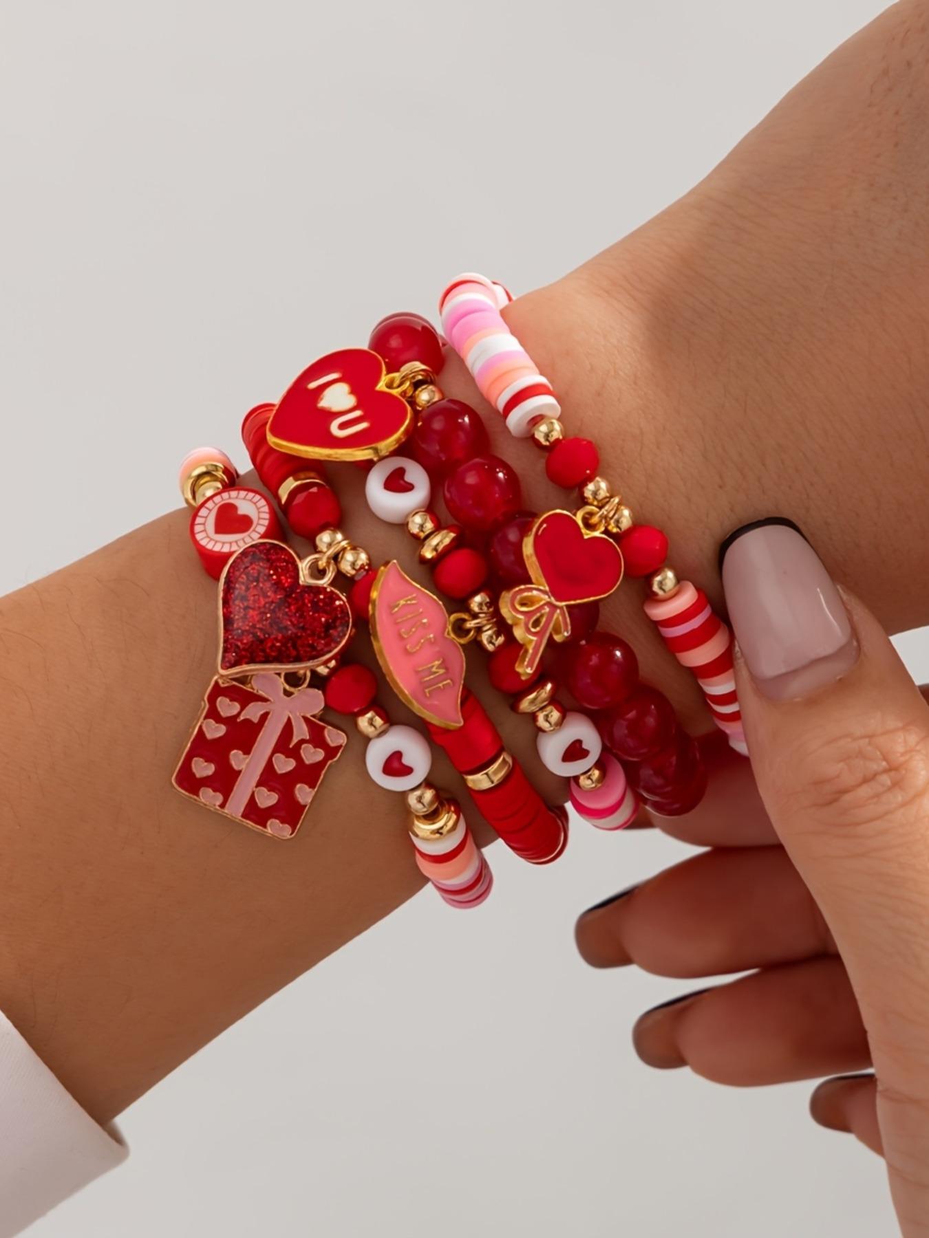 Valentine's Day Handmade Soft Clay Bracelet Set, Elastic Beaded Heart Pendant Jewelry Gift, Perfect for Couples & Romantic Gifts, Trendy Jewellery Accessories