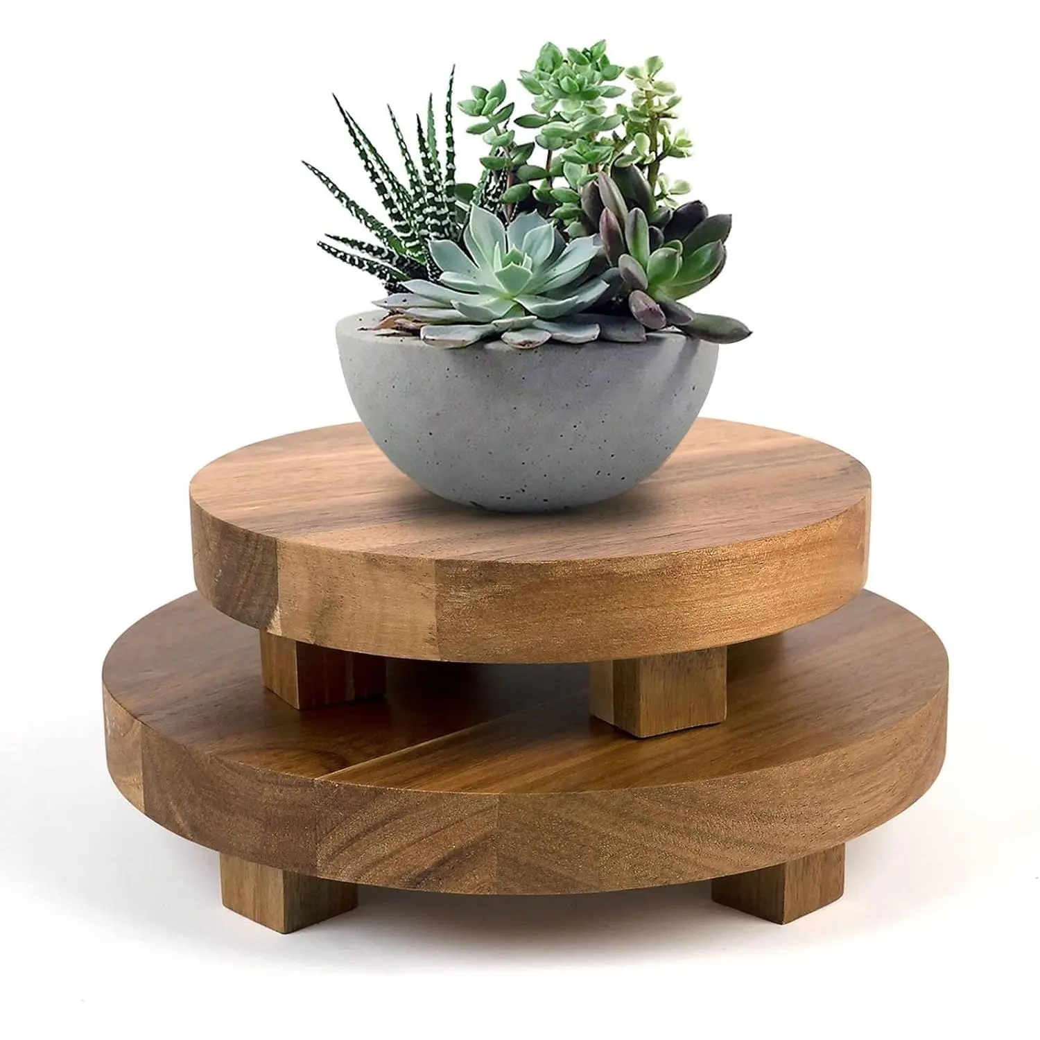 Wood Pedestal Stand 2Pcs 7-9 Inch Round, Natural Acacia Wood Risers for Decor, Farmhouse, Kitchen/Bathroom Counter, Plant Stand