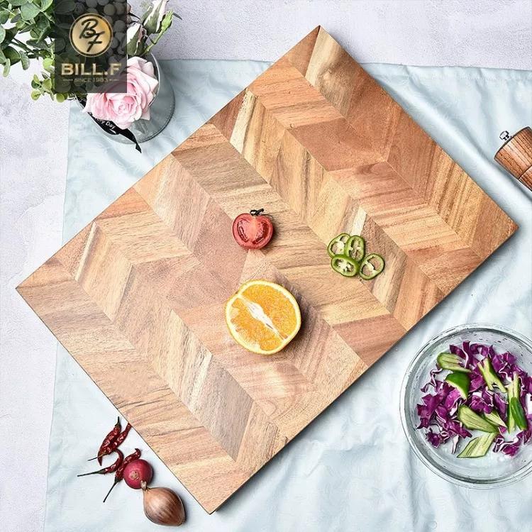 Fishbone Pattern Acacia Wood Cutting Board, Real Wood Kitchen Chopping Block, Home Fruit Slicing Board, Long Rectangle Design