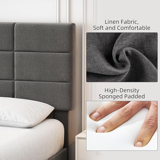 Bed Frame with Headboard Upholstered Full Platform Bed Frame with Solid Wooden Slats Support No Box Spring Needed,Noise-Free