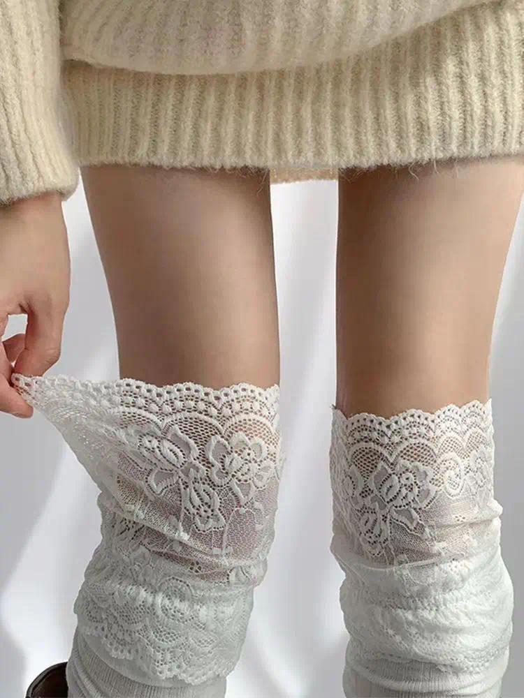 Korean Sexy Lace Thigh High Stockings for Women, Lolita Over The Knee High Socks, Sheer Lace Top Boot Socks for Daily & Cosplay