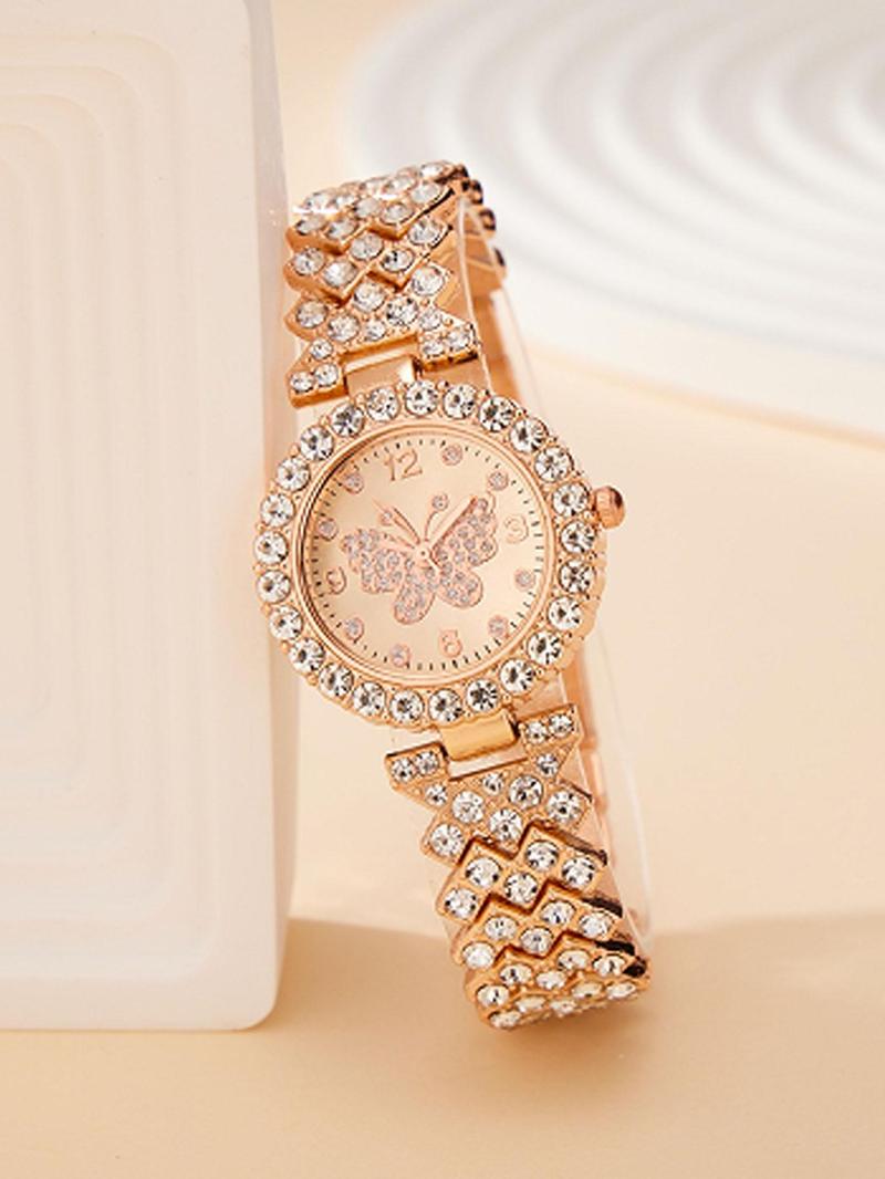 1 piece of fashionable Roman pattern diamond inlaid women's watch, women's watch quartz watch bracelet, women's watch paired with 1 trendy and versatile heart-shaped skeleton bracelet Exquisite Watch Set