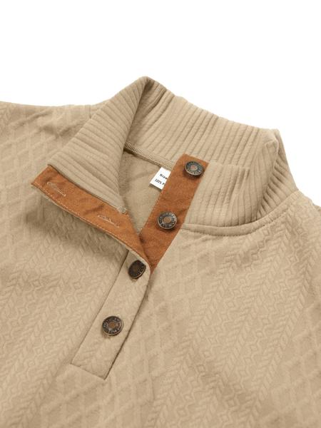 Men's knitted suit. The top features a half-placket and a high neckline, paired with simple and practical buttons. The brown elbow patches create a color contrast and match the drawstring jogger pants in the same color family. The fabric is thick.