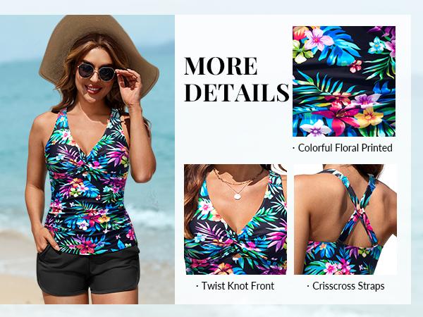 Tempt Me Women Tankini Swimsuit with Shorts - Two Piece Tummy Control Bathing Suit Twist Knot Swimwear 2026 with Pockets