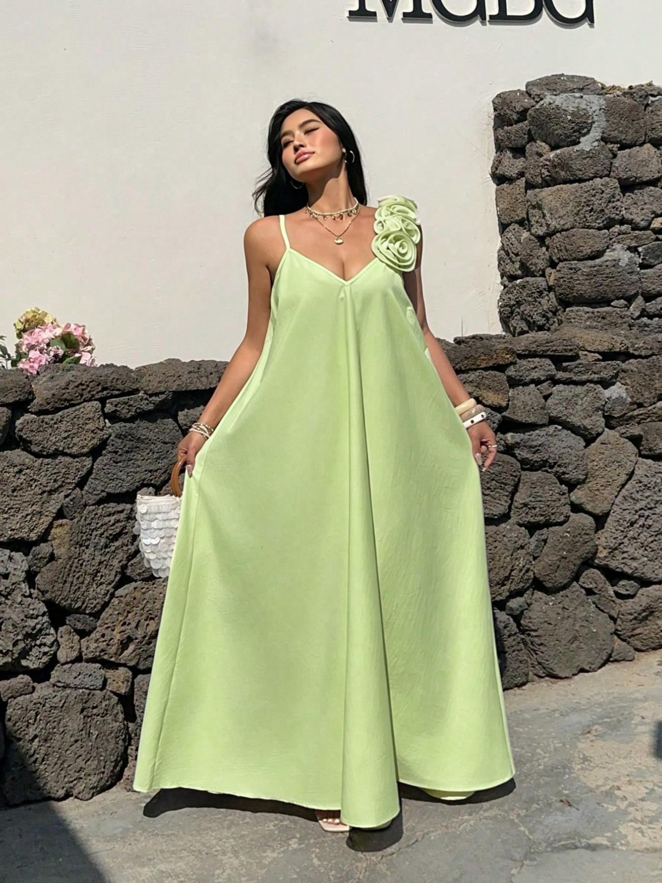Pastel Light Green Floral 3D Rose Slip Maxi Dress, Flowy Lightweight Sleeveless Long Gown, Summer Boho Bohemian Vacation Outfit, Elegant Beach Garden Wedding Guest Dress