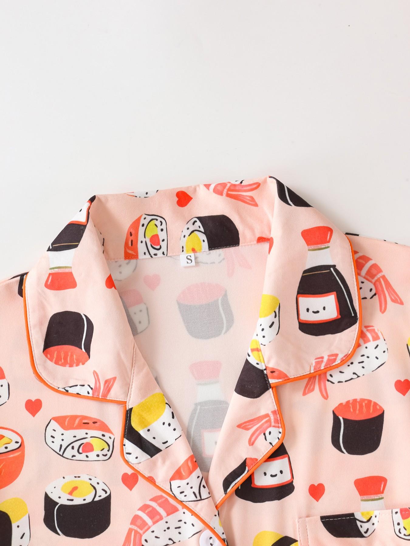 Women's Sushi Full Print Pajama Set, Collared Button Short Sleeve Top and Loose Comfortable Shorts, Fun Sweet Sleepwear Set