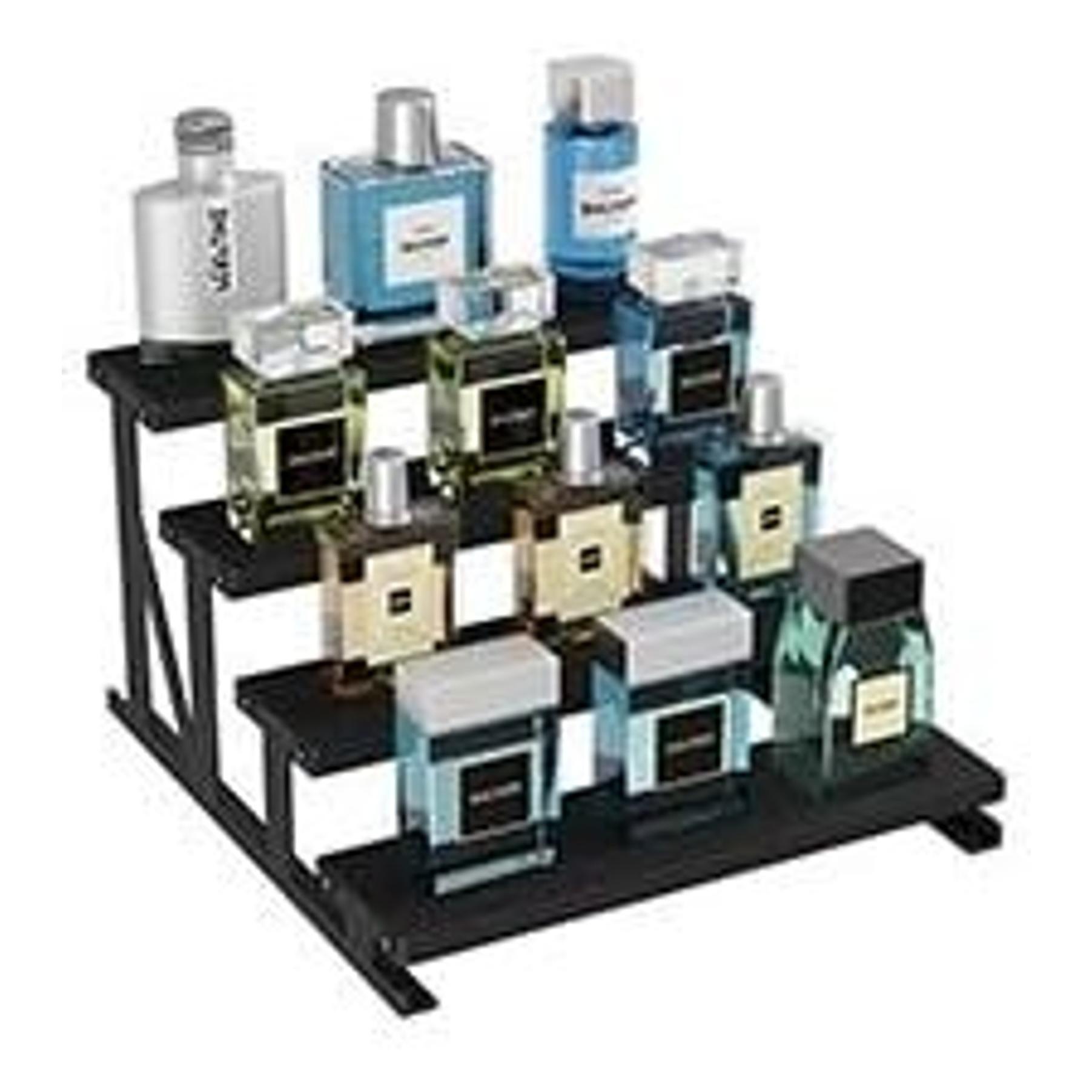 12" Plastic Perfume Organizer - 1-Piece Black Display Riser Shelf, Tool-Free Installation, for Makeup, Spice, Bedroom Counter Indoor Furniture Storage Decor