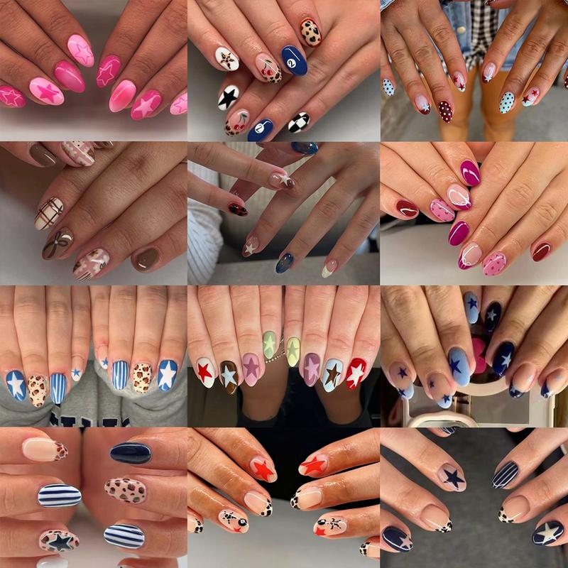 288pcs Acrylic Nail Tips Set, Stylish Acrylic Nails, Short Oval Star Leopard Bow Stripe Cartoon Dot French Design, Reusable Fake Nails for Women Girls 288pcs Acrylic Nail Tips Set, Stylish Acrylic Nails, Short Oval Star Leopard Bow Stripe Cartoon Dot French Design, Reusable Fake Nails for Women Girls