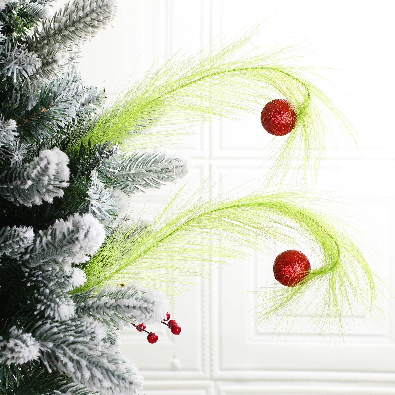 Christmas Clearance Sale Christmas Ornaments Green Furry Picks Fluffy Cuttable Christmas Tree Topper Set Xmas Tree Branch, Faux Pampas Grass Bendable Picks, Curly Artificial Stems with Berry Red Ball Wreath Vase Filler Holiday Home Christmas Decor