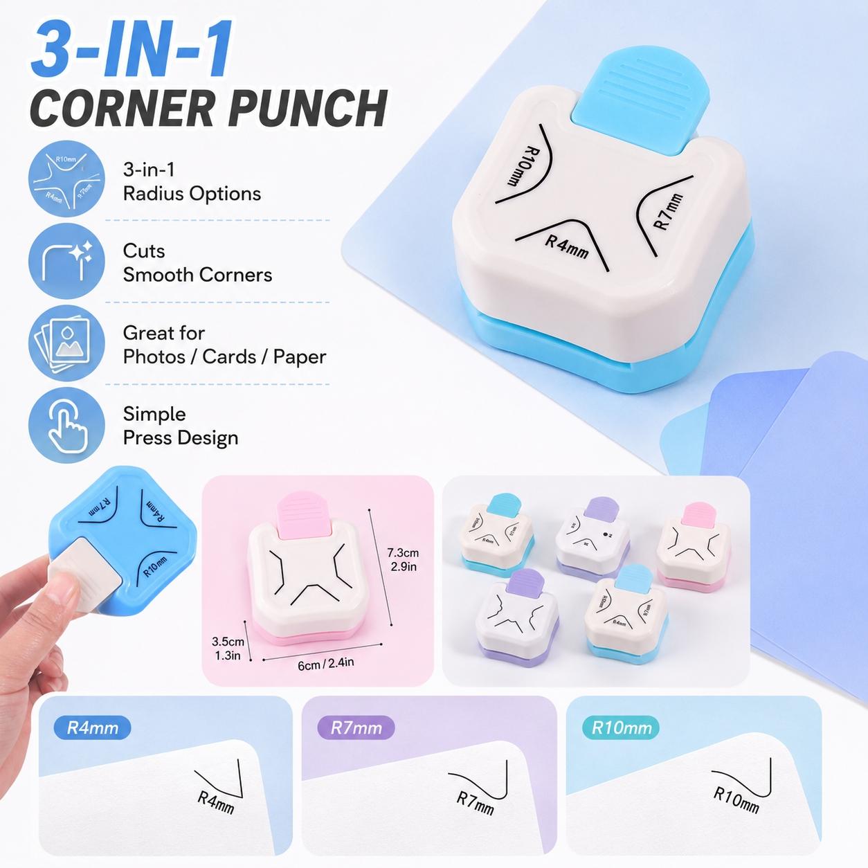 Portable Versatile 3-in-1 Corner Rounder Punch R4/R7/R10mm Paper Trimmer Cutter craft cutting tool for Card Making Scrapbook DIY Craft Projects