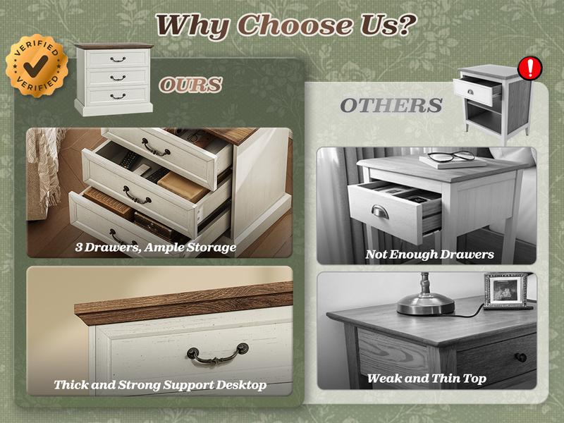 Huuger Nightstand with Charging Station, 3 Drawer Night Stand, 22 Inch Wider Side Table with Storage, Farmhouse Nightstand with Vintage Handles, Thicken Base, for Bedroom