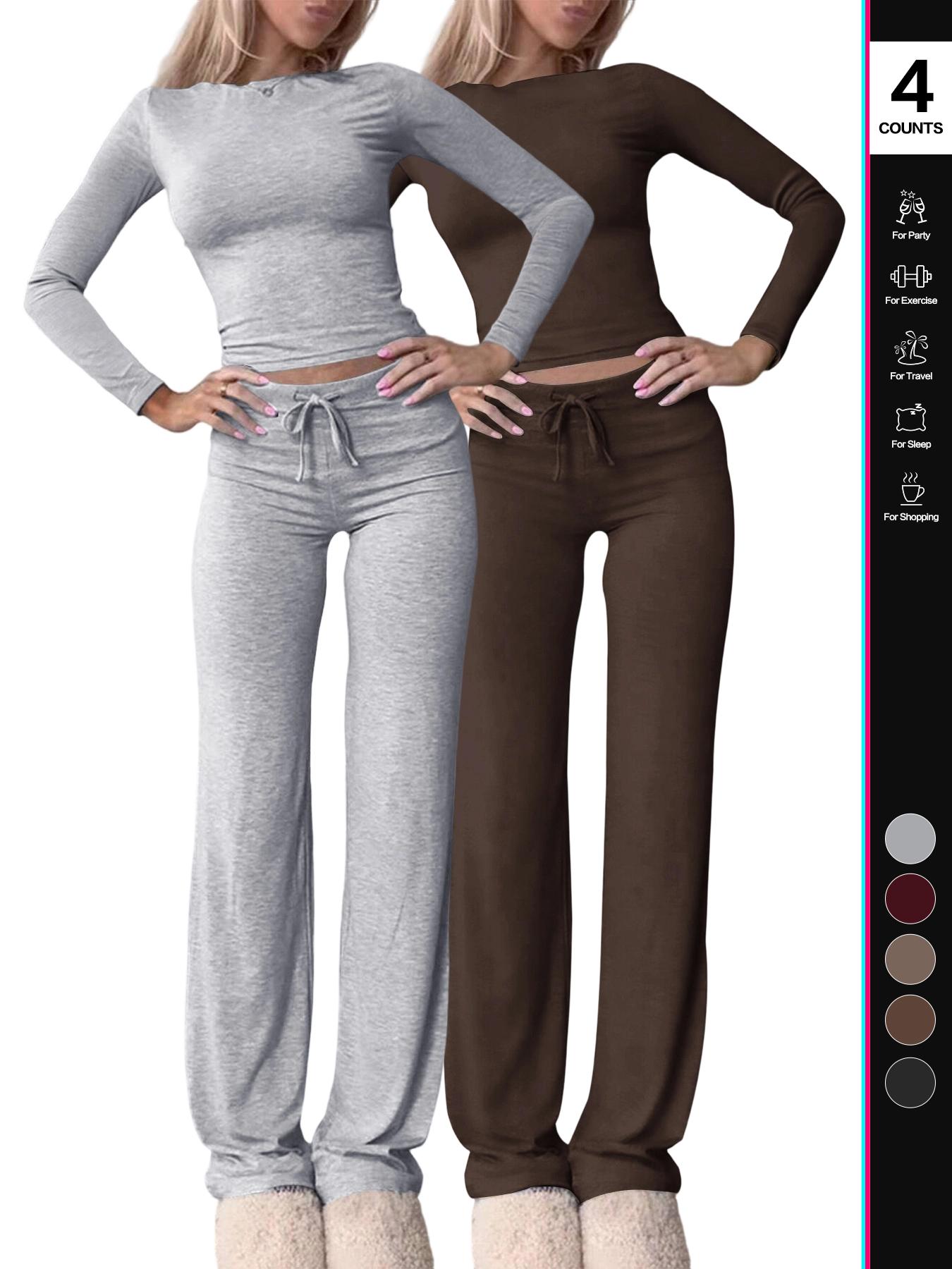 2026 Two Pieces Fall Women Clothes Y2K Sporty Casual Home Solid Color Fitted Long-Sleeved T-Shirt And Long Pants Set