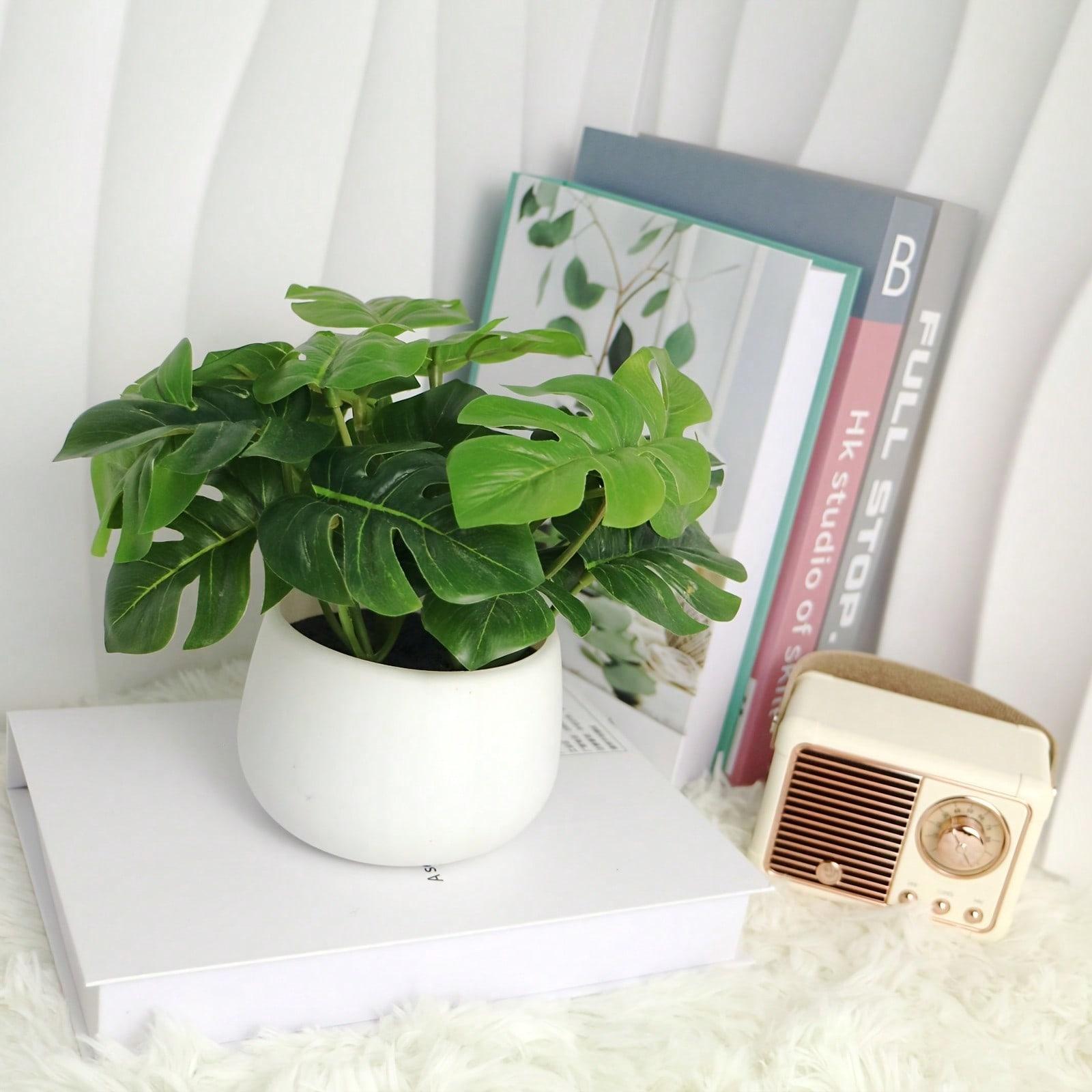 1pc Artificial Monstera Plant in A White Pot, 6-inch Potted Artificial Green Plant, Perfect for Decorating Dining Tables, Home Interiors, and Office Bookshelves. Maintenance-free—no Watering Required.