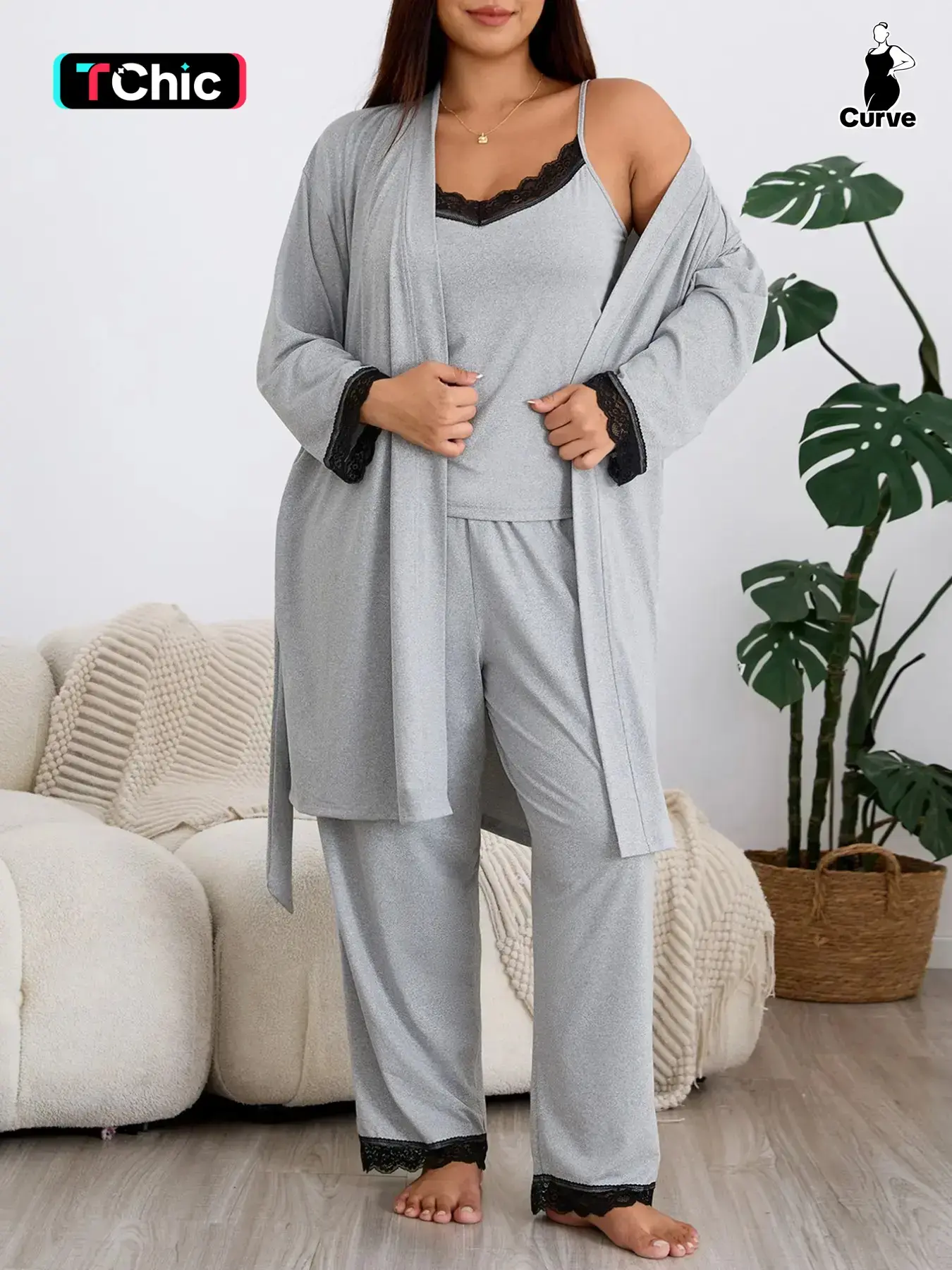 Lace Patchwork Pajama Set for Women, Three-Piece Sleepwear Loungewear Sets, Tank Top, Long Pants, Loose Home, Elegant Floral Design