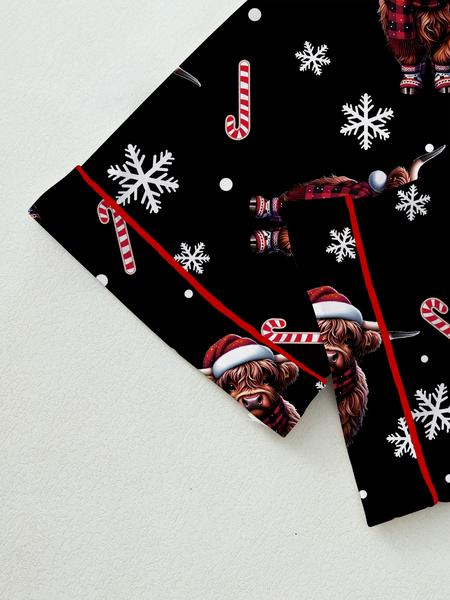 Women's Highland Cow Christmas Pajamas Set, Winter Thermal Long Sleeve Loungewear, Elastic Waist Pants, Black Soft & Cute Outdoor Christmas Costume, with Christmas Animal Hat, Tree, Snowflake, Candy Prints, Christmas Gift
