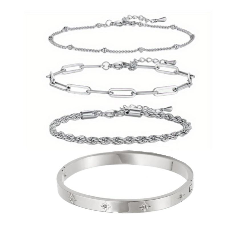 4PCS Women Dainty Bracelets Set, Adjustable Stackable Bracelets, Cubic Zirconia Layered Cuff Bangle Chain Bracelets, Stylish Simple Jewelry Gift