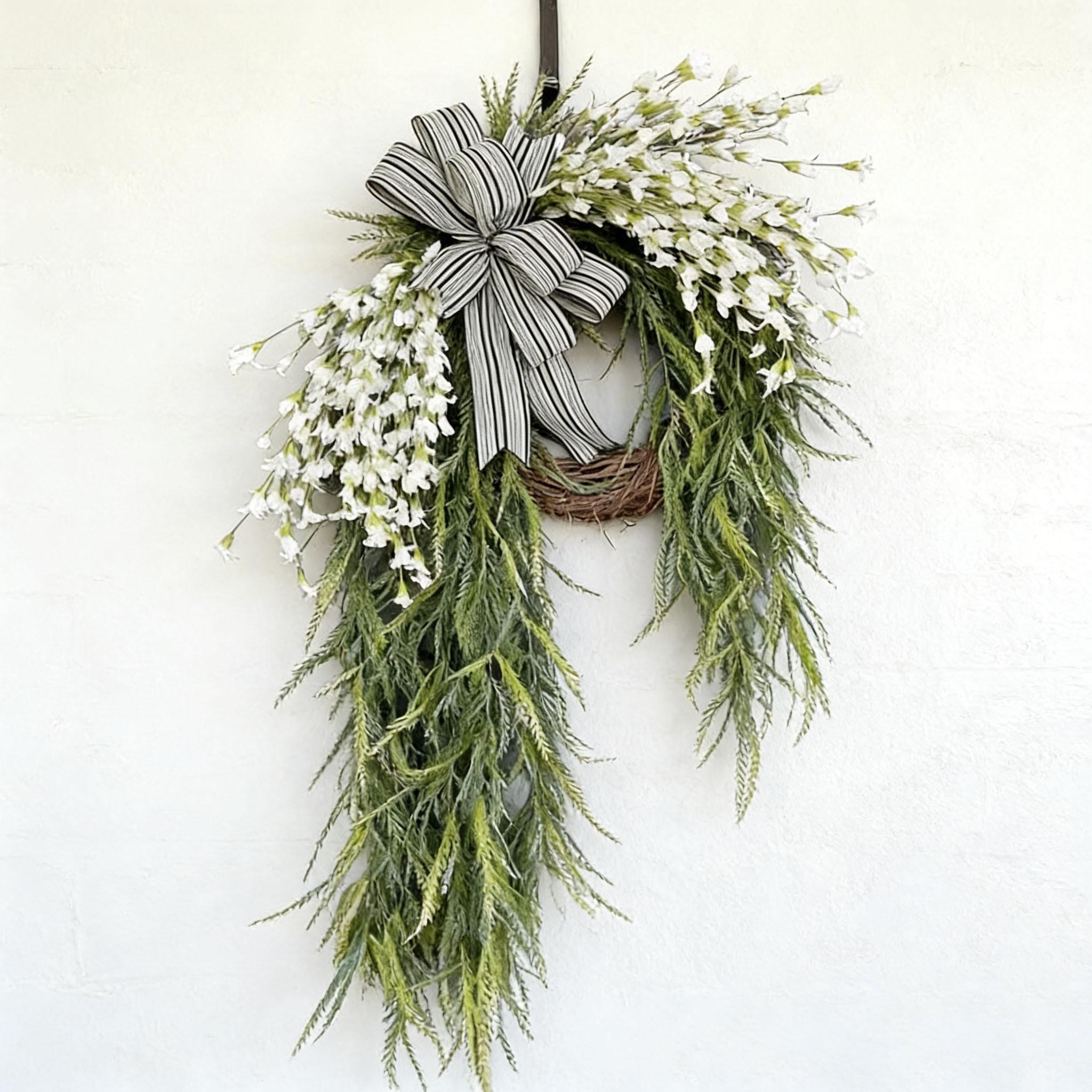 Spring Summer Front Door Decorative Wreath, Realistic Bell Flower Drip Tear Drop Door Knocker, Striped Bow, Plant Woven Wreath