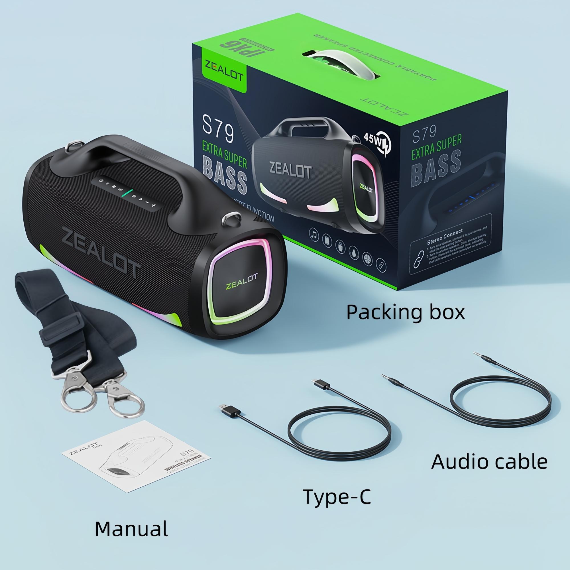 ZEALOT Fitness & Outdoor Bluetooth Speaker, 100W HIFI Stereo & Deep Bass, IPX7 Waterproof, 24000mAh Battery, RGB Lights, Carry Strap, Power Bank for Gym Yoga Camping Beach