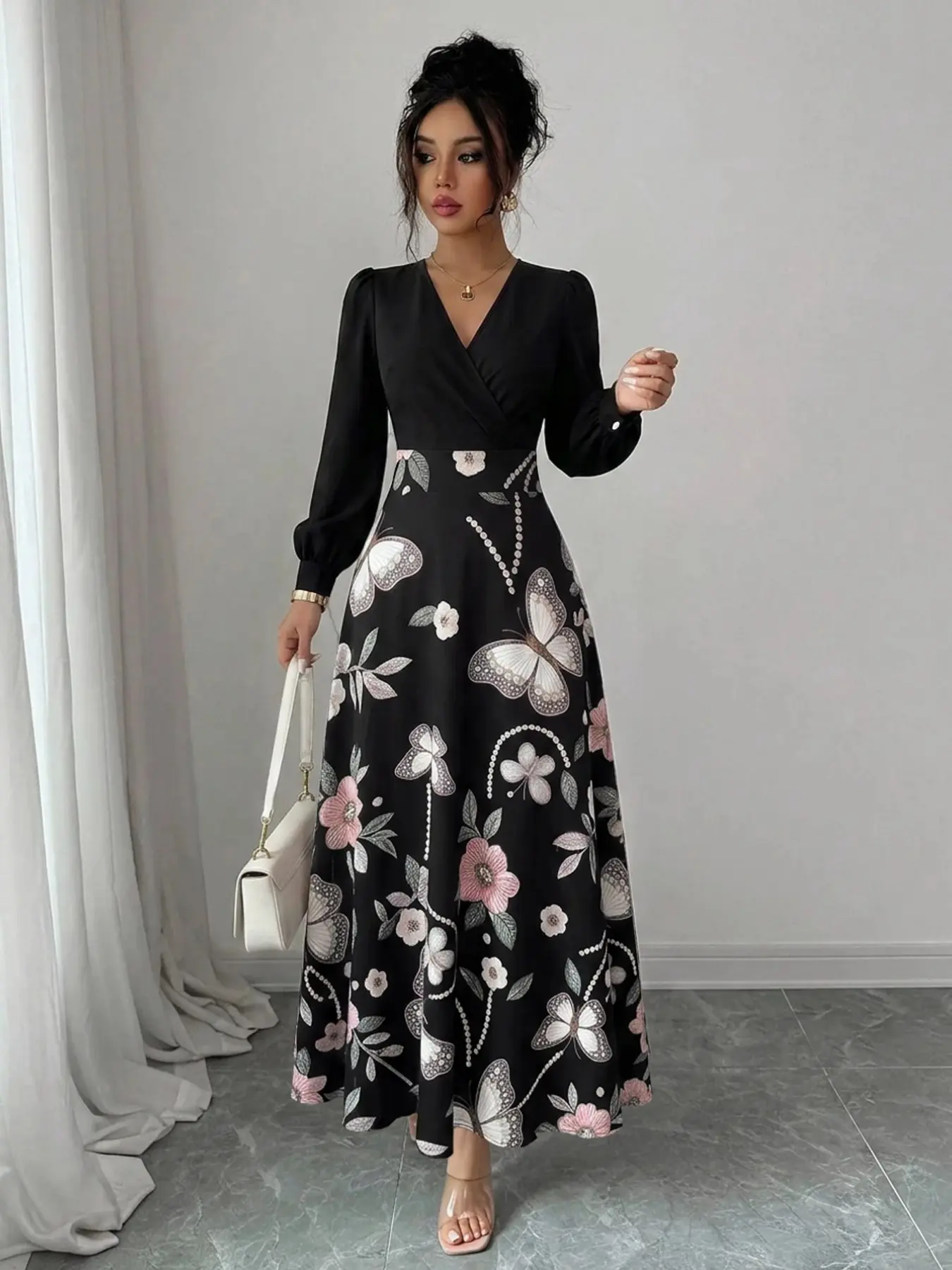 Elegant Black Floral V-Neck Dress, Long Sleeve Bubble Hem Design, Perfect for Spring & Fall, Ideal for Dates, Parties, Office Wear