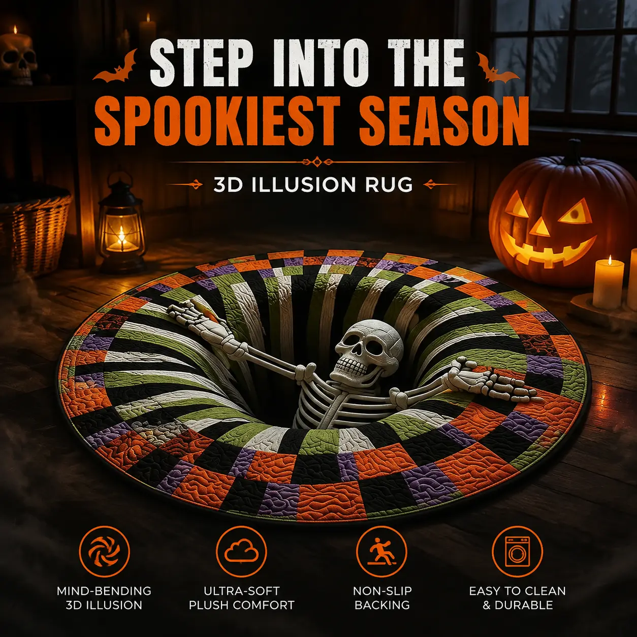 Halloween Round Rug 3D Skeleton Vortex Quilted Illusion Mat,A1:16" |   Soft non-slip fabric indoor round decor.Perfect for living room, kitchen or bathroom.Features a spooky depth pattern.-YY2