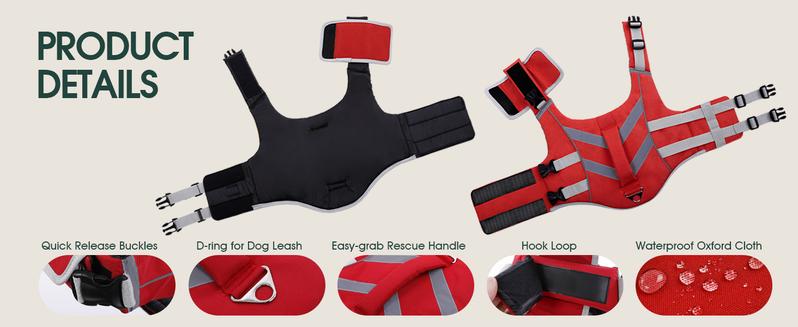 Kuoser Dog Life Jacket with Reflective Stripes, Adjustable High Visibility Dog Life Vest Ripstop Dog Lifesaver Pet Life Preserver with High Flotation Swimsuit