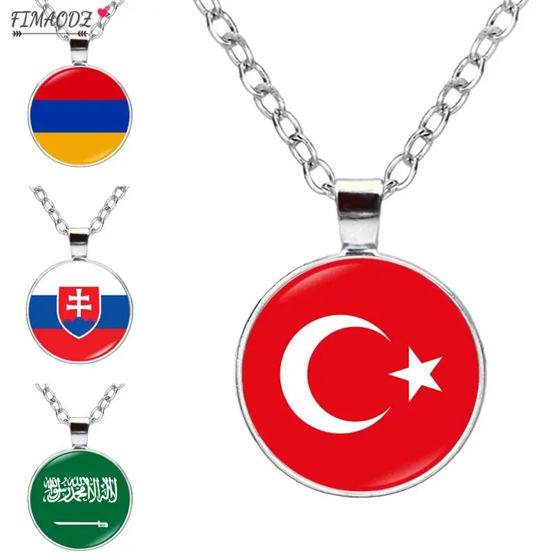 Map Flag Necklace Turkey Russia Slovakia Cyprus Saudi Arabia Israel Lebanon Emblem Glass Pendant Jewelry Souvenir Gifts