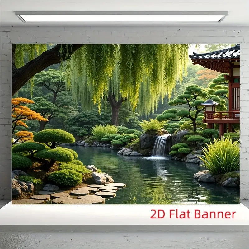 2D Flat Zen Japanese Garden Banner | Single-Sided Polyester | Metal Grommets for Easy Hanging | Tranquil Garden Wall Decor for Living Room, Bedroom, Tea Room, Wedding & Photo Backdrop
