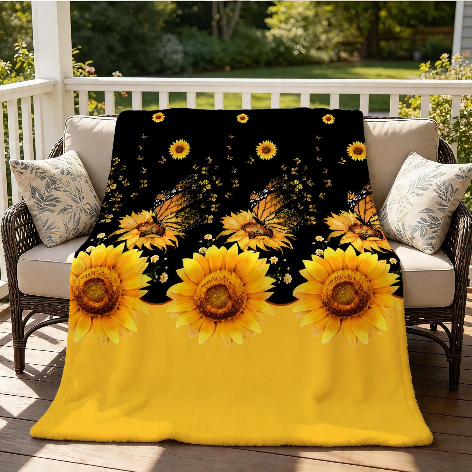 Sunflower Themed Flannel Throw Blanket, Single-Side HD Printed, Retro Farmhouse Style, Soft & Lightweight Multi-Use Blanket for Napping, Camping, Picnics & Home Decor, Suitable for Teens & Adults, Heartfelt Gift for Her