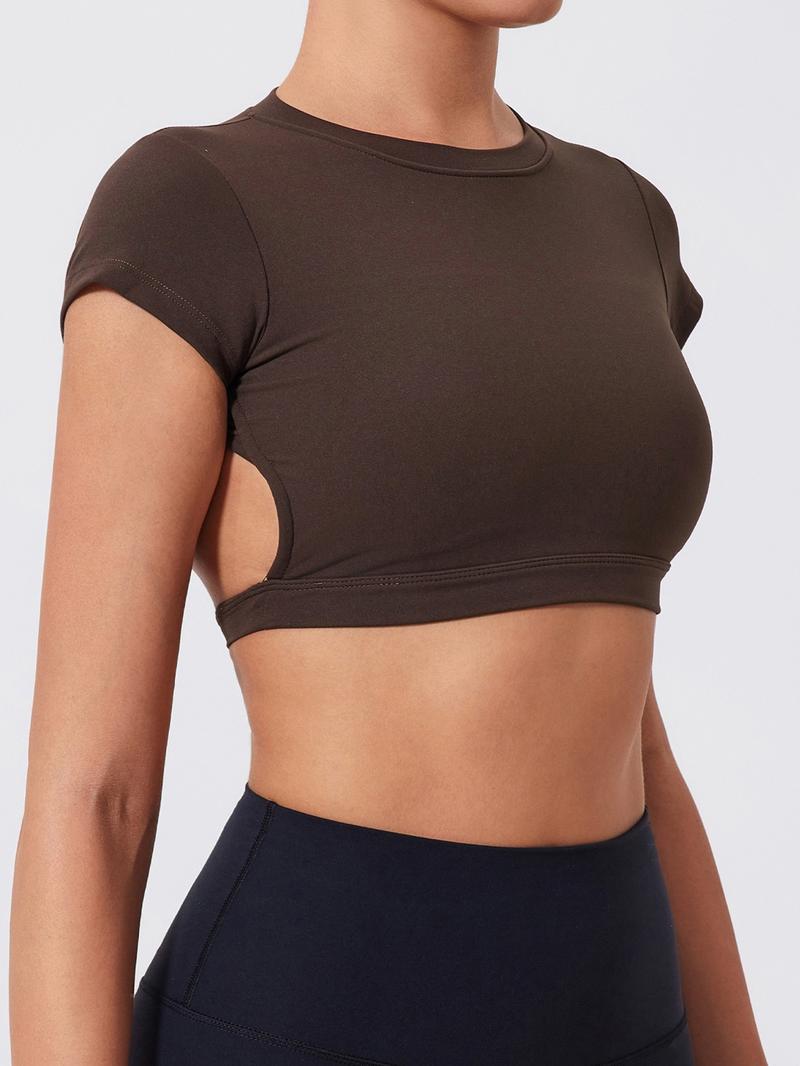 Women's Solid Backless Crop Gym Top Sports Tee, Casual Short Sleeve Round Neck T-Shirt for Daily Wear, Ladies Sportswear for Indoor Outdoor Wear Women's Solid Backless Crop Gym Top Sports Tee, Casual Short Sleeve Round Neck T-Shirt for Daily Wear, Ladies Sportswear for Indoor Outdoor Wear