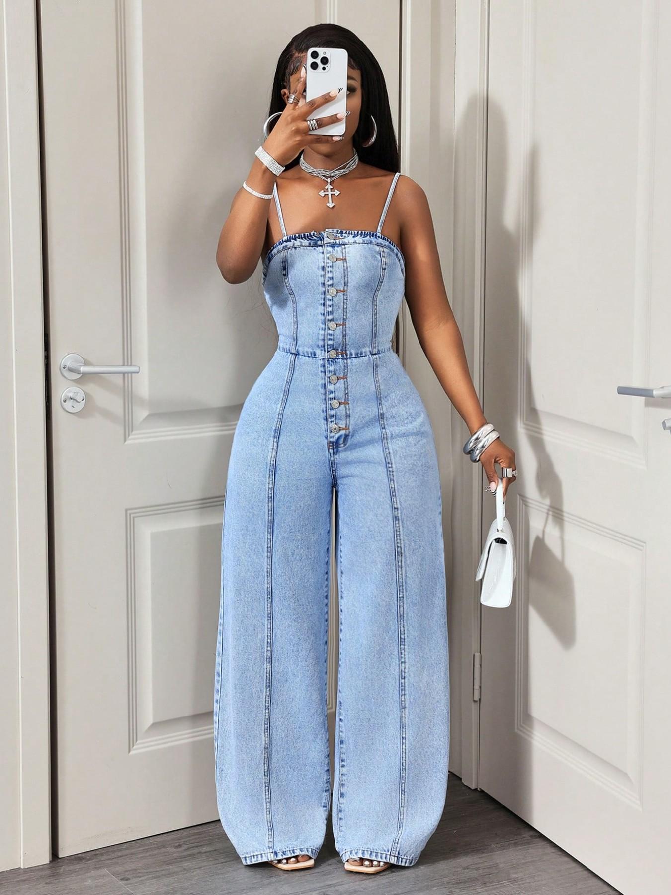 Women's Casual Denim Halter Backless Wide Leg Pants, Spring & Fall Fashion, Slim-Fitting Solid Pattern, Daily Wear Women's Casual Denim Halter Backless Wide Leg Pants, Spring & Fall Fashion, Slim-Fitting Solid Pattern, Daily Wear
